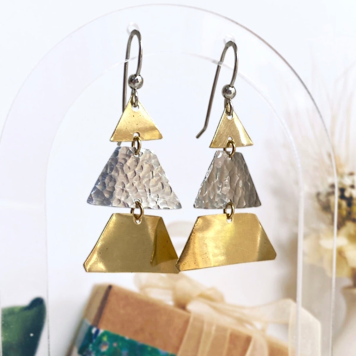 Gold and silver Christmas tree dangle earrings | Sterling silver ear hooks | Festive jewellery