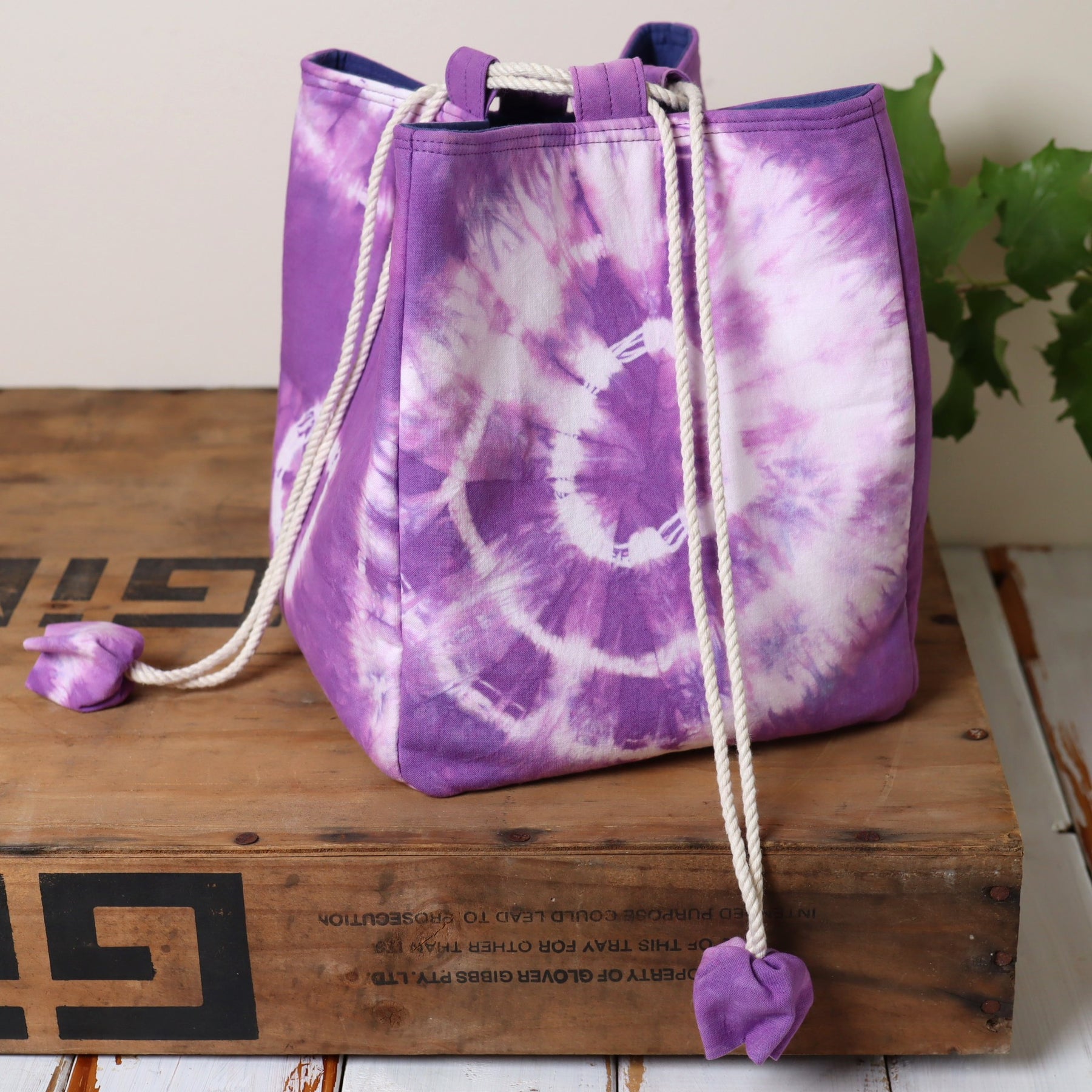 Large Tie Dyed Komebukuro Bag, Purple and Navy