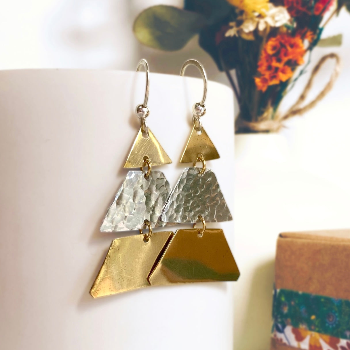 Gold and silver Christmas tree dangle earrings | Sterling silver ear hooks | Festive jewellery