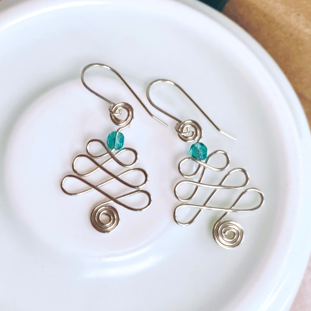 Looping Christmas tree dangle earrings | silver gold copper rose | Festive jewellery