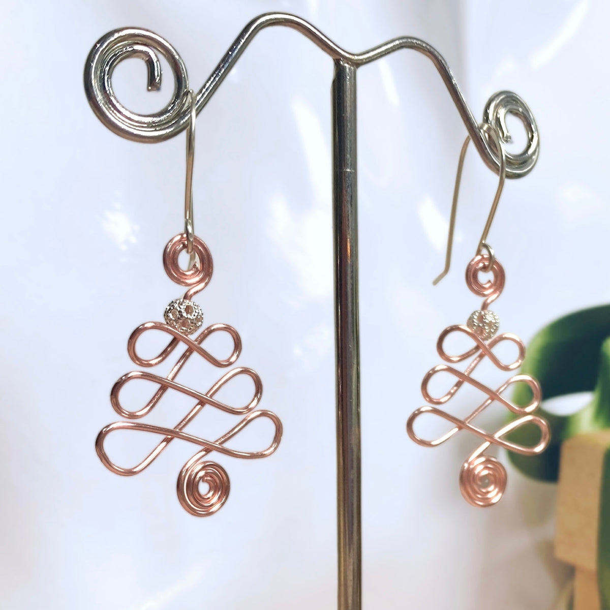 Looping Christmas tree dangle earrings | silver gold copper rose | Festive jewellery