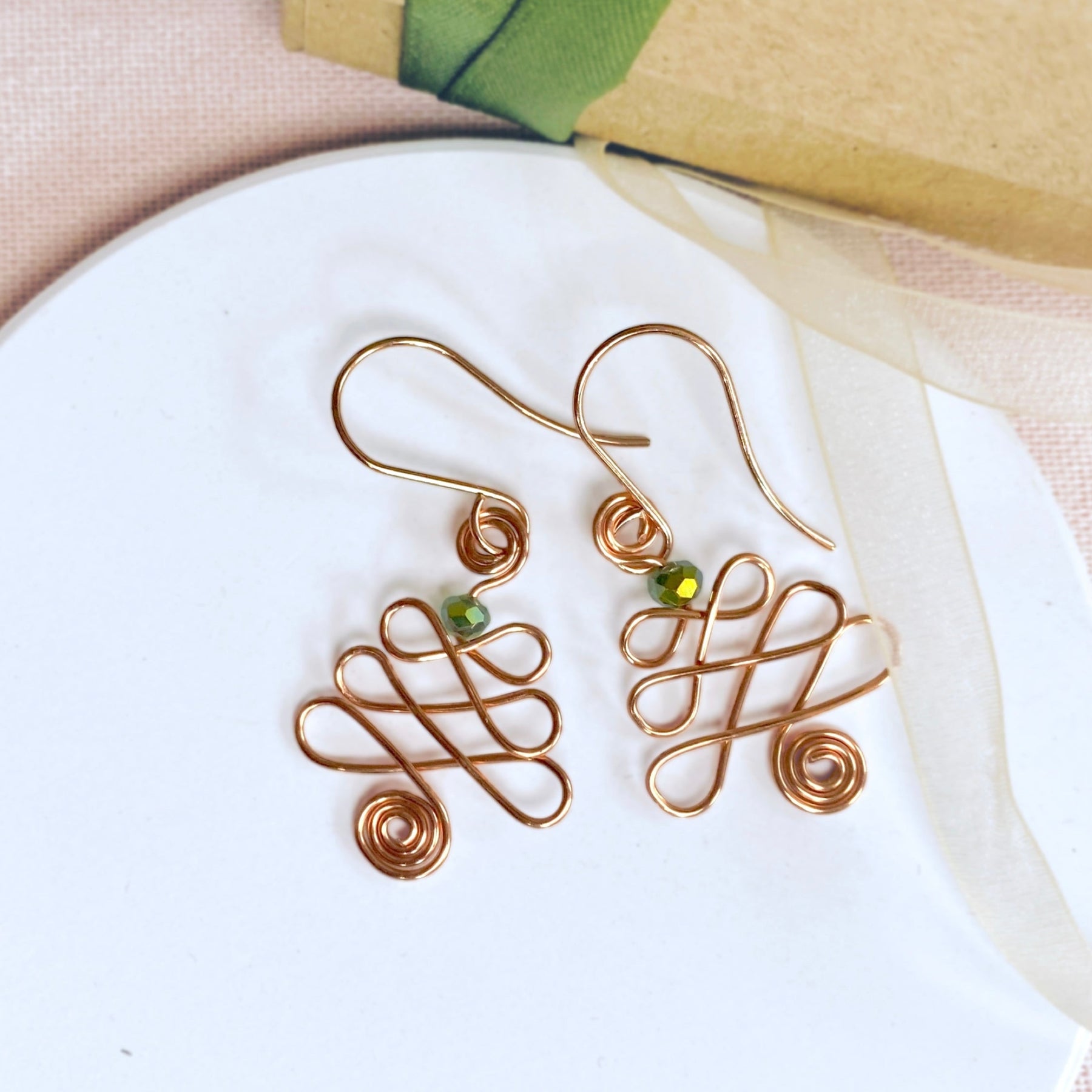 Looping Christmas tree dangle earrings | silver gold copper rose | Festive jewellery