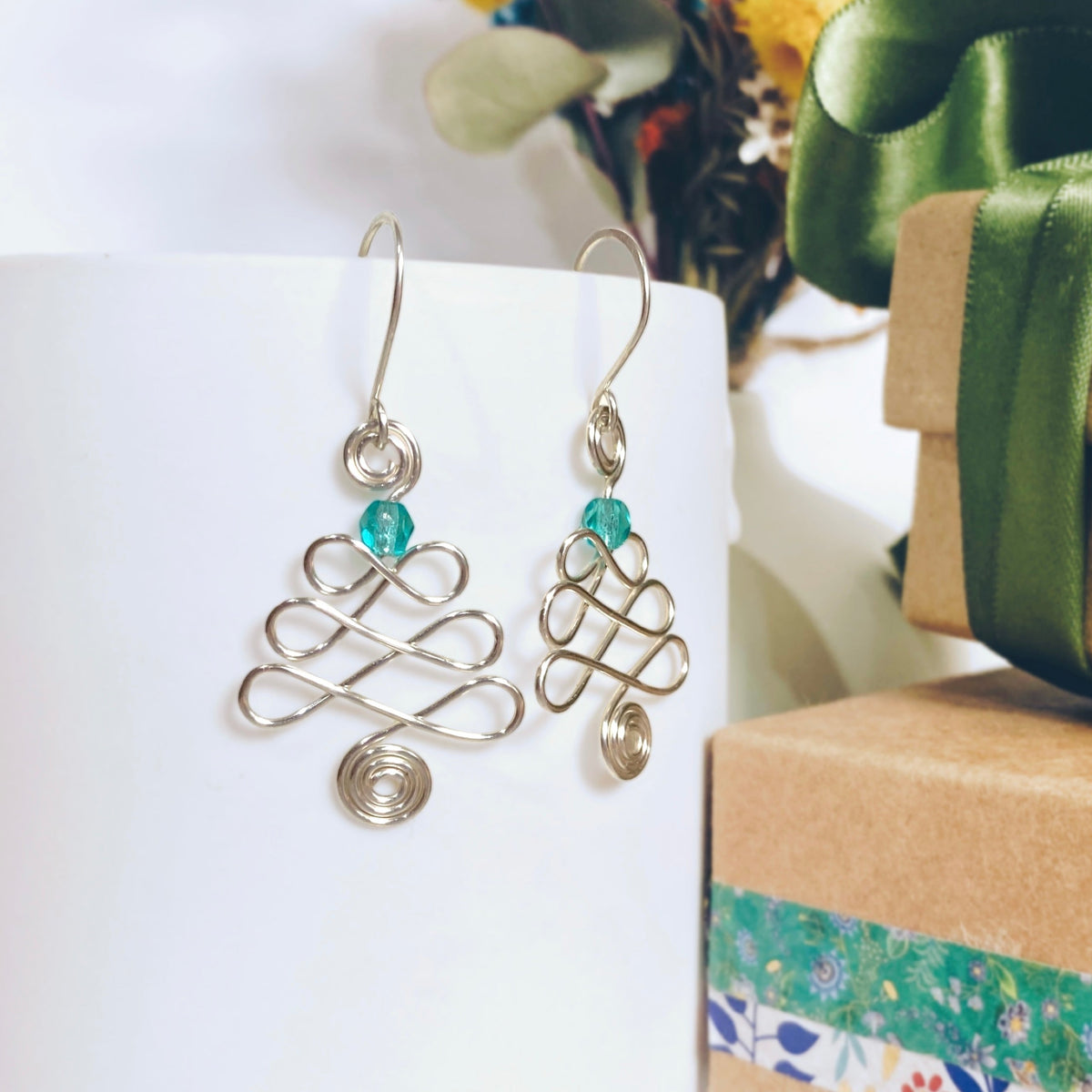 Looping Christmas tree dangle earrings | silver gold copper rose | Festive jewellery