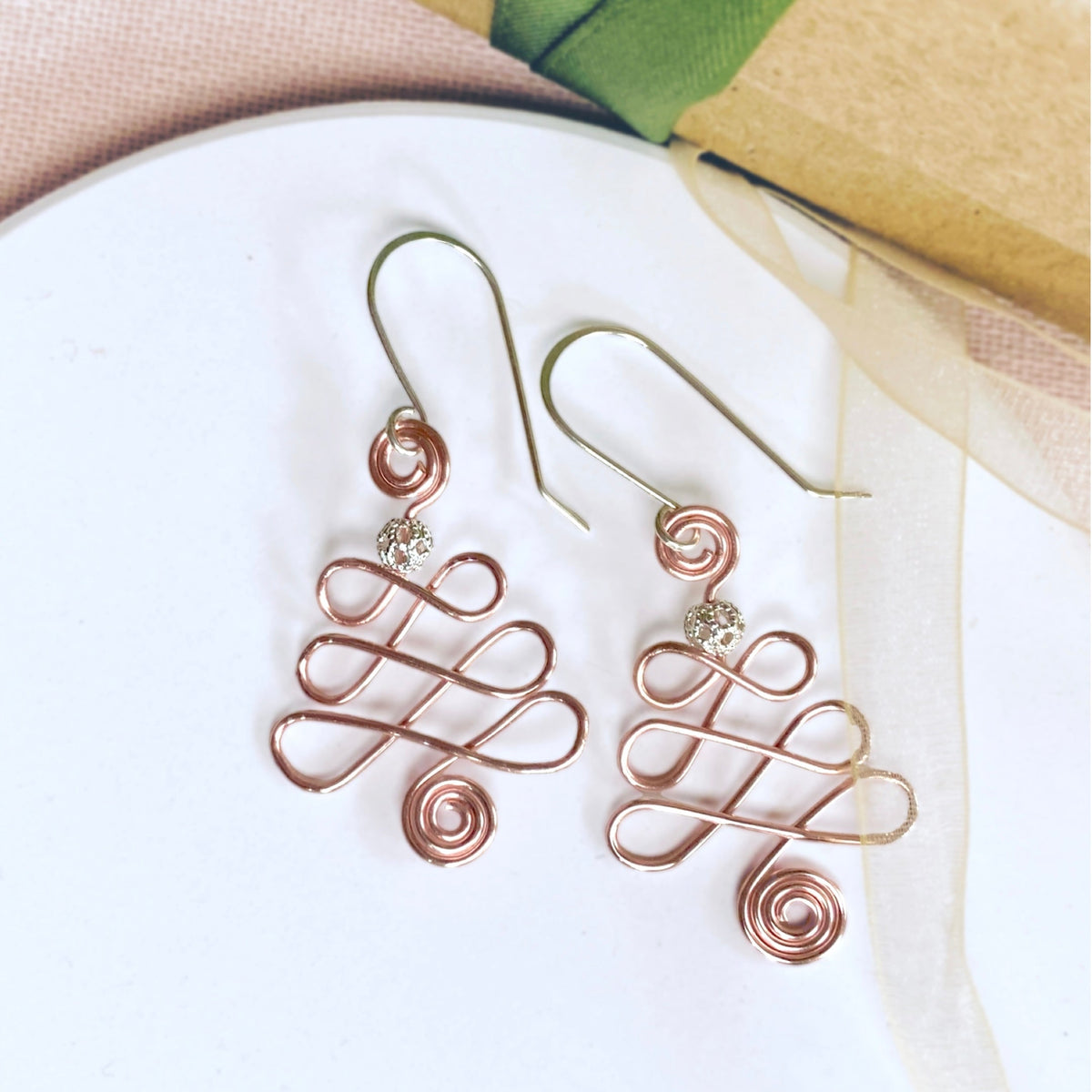 Looping Christmas tree dangle earrings | silver gold copper rose | Festive jewellery