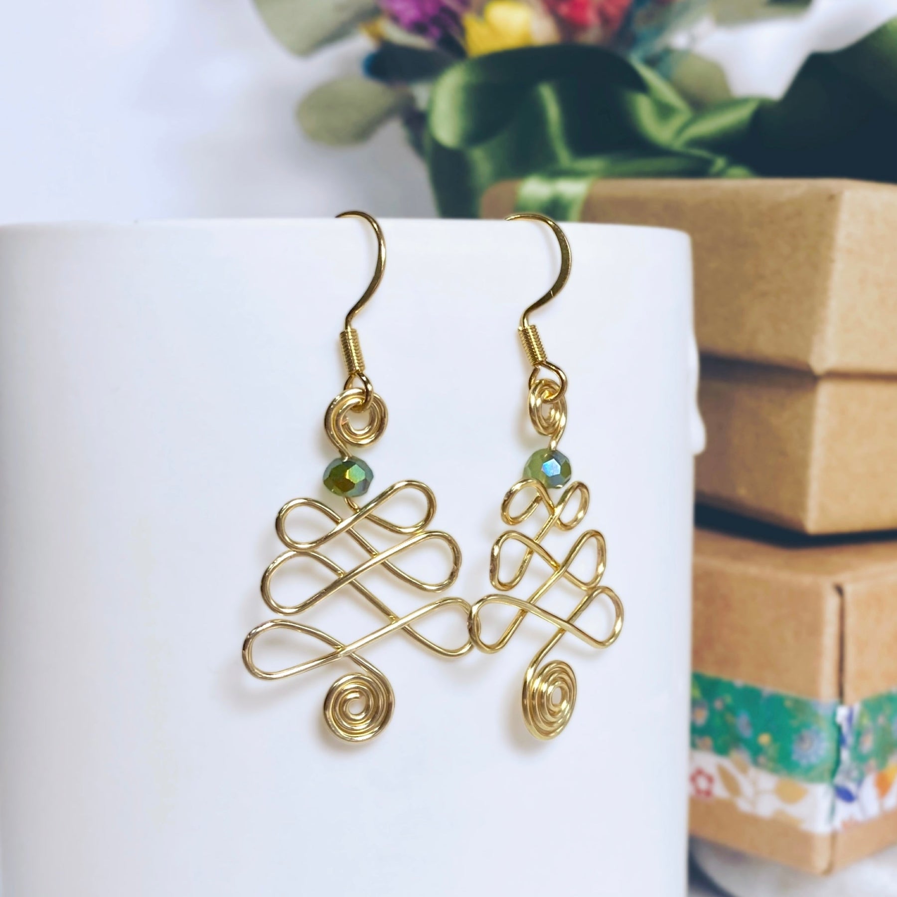 Looping Christmas tree dangle earrings | silver gold copper rose | Festive jewellery