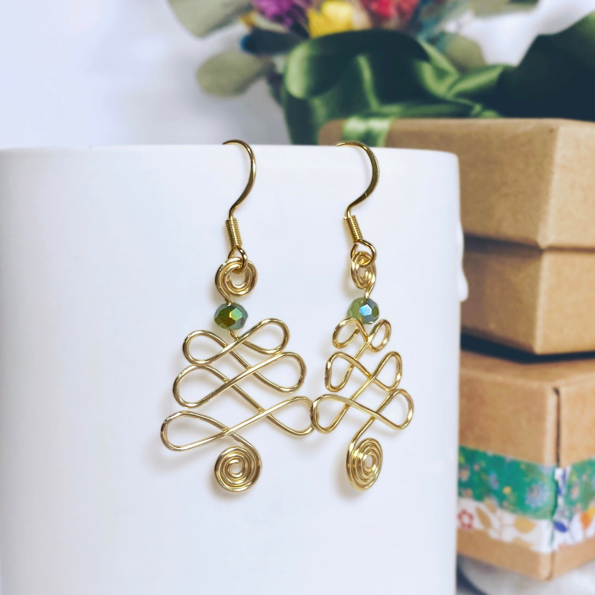 Looping Christmas tree dangle earrings | silver gold copper rose | Festive jewellery