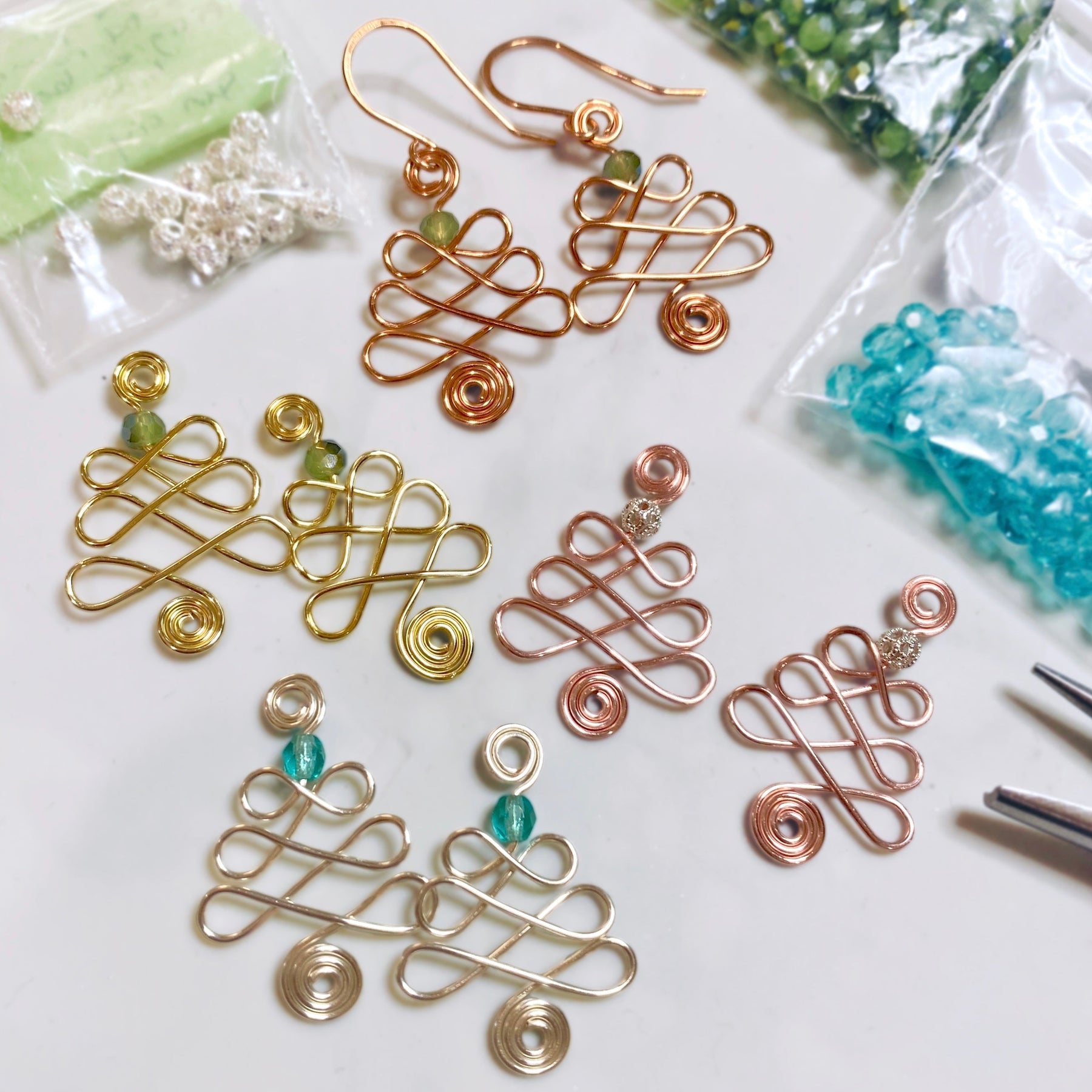 Looping Christmas tree dangle earrings | silver gold copper rose | Festive jewellery