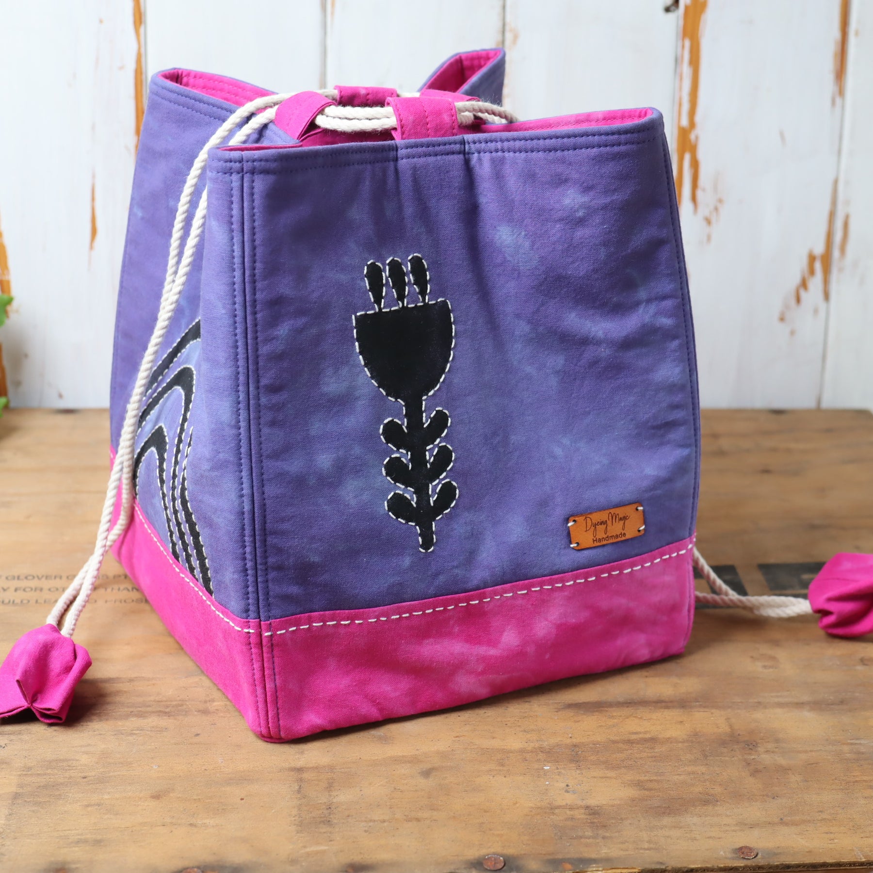 Large Hand Dyed Japanese Style Rice Bag, Komebukuro Bag, Navy and Fuchsia