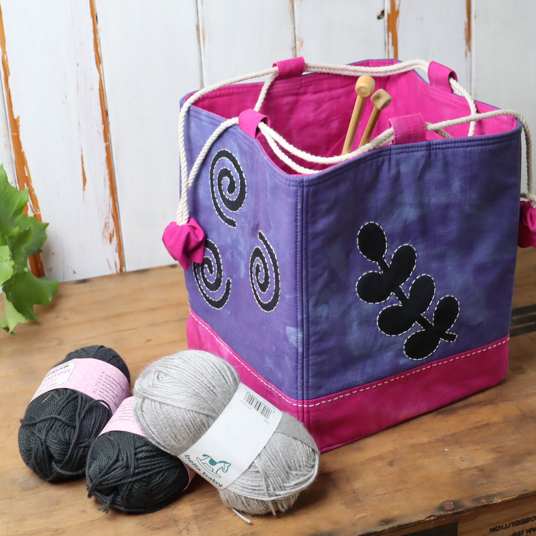 Large Hand Dyed Japanese Style Rice Bag, Komebukuro Bag, Navy and Fuchsia