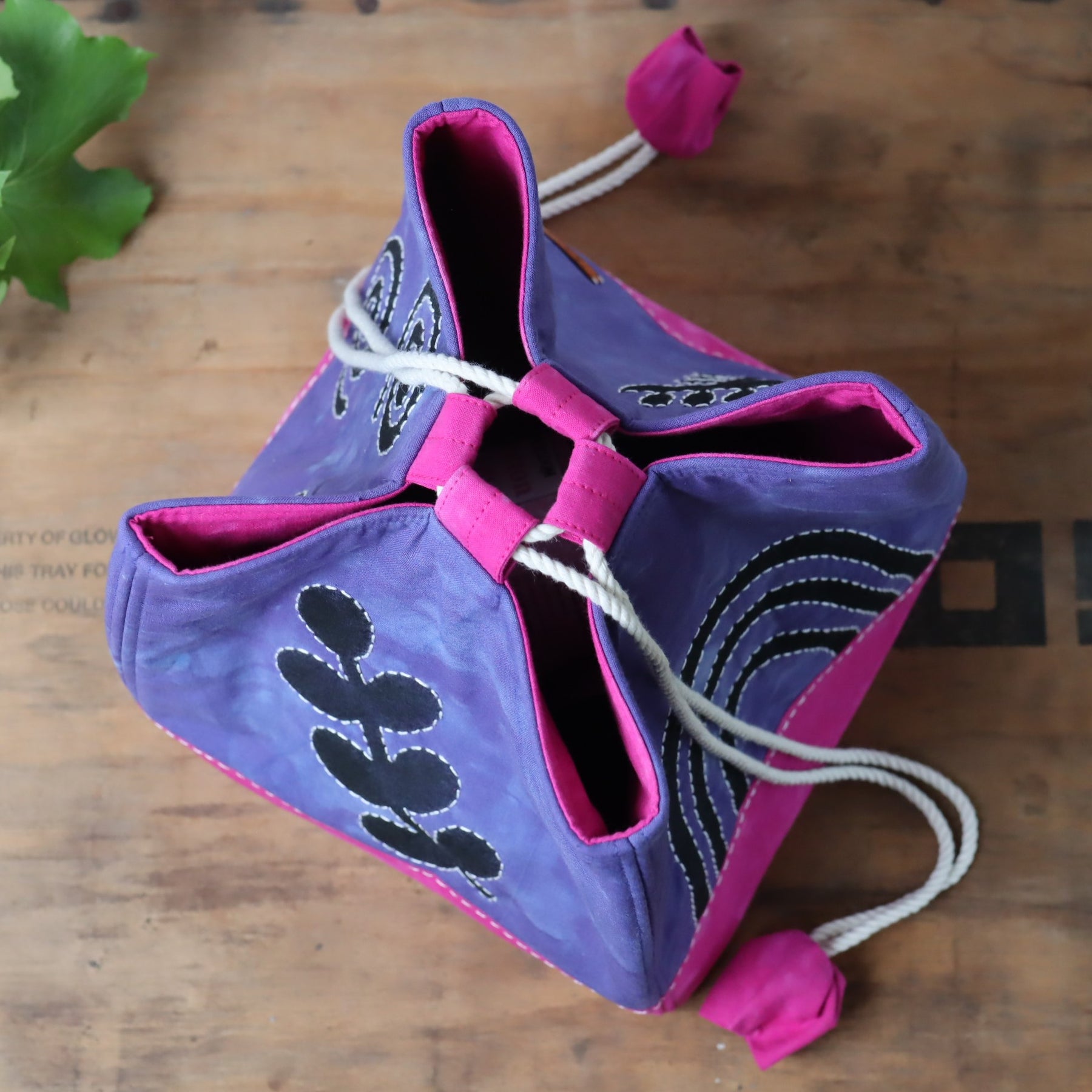 Large Hand Dyed Japanese Style Rice Bag, Komebukuro Bag, Navy and Fuchsia