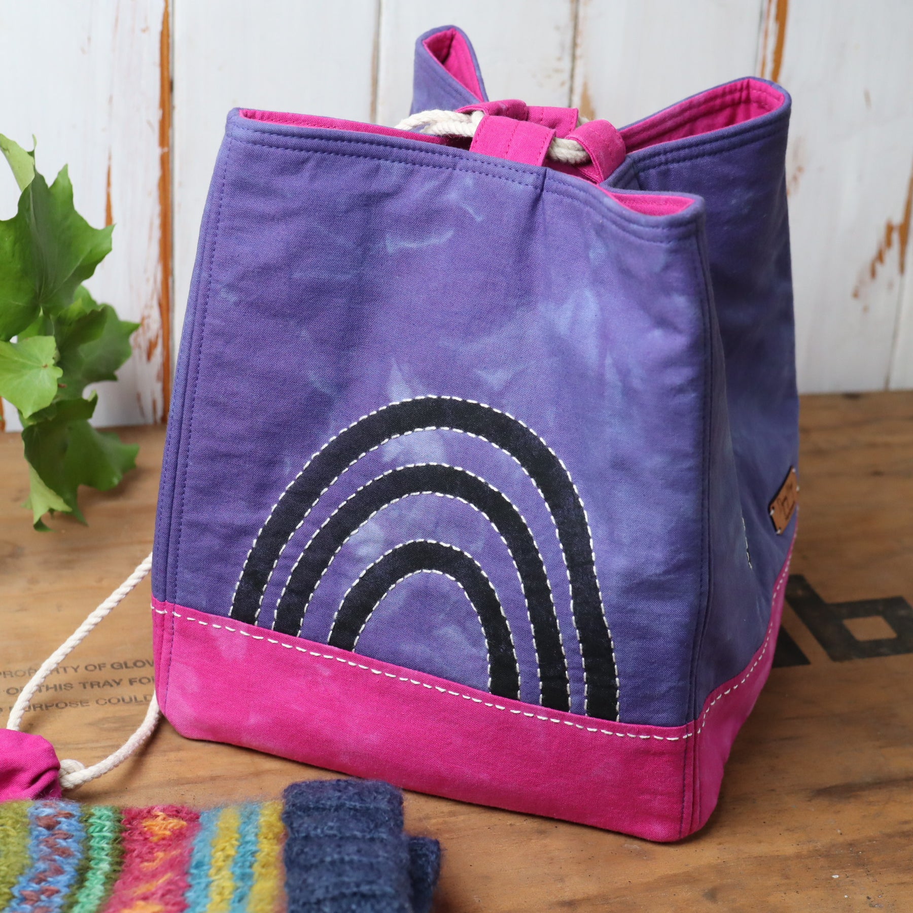 Large Hand Dyed Japanese Style Rice Bag, Komebukuro Bag, Navy and Fuchsia