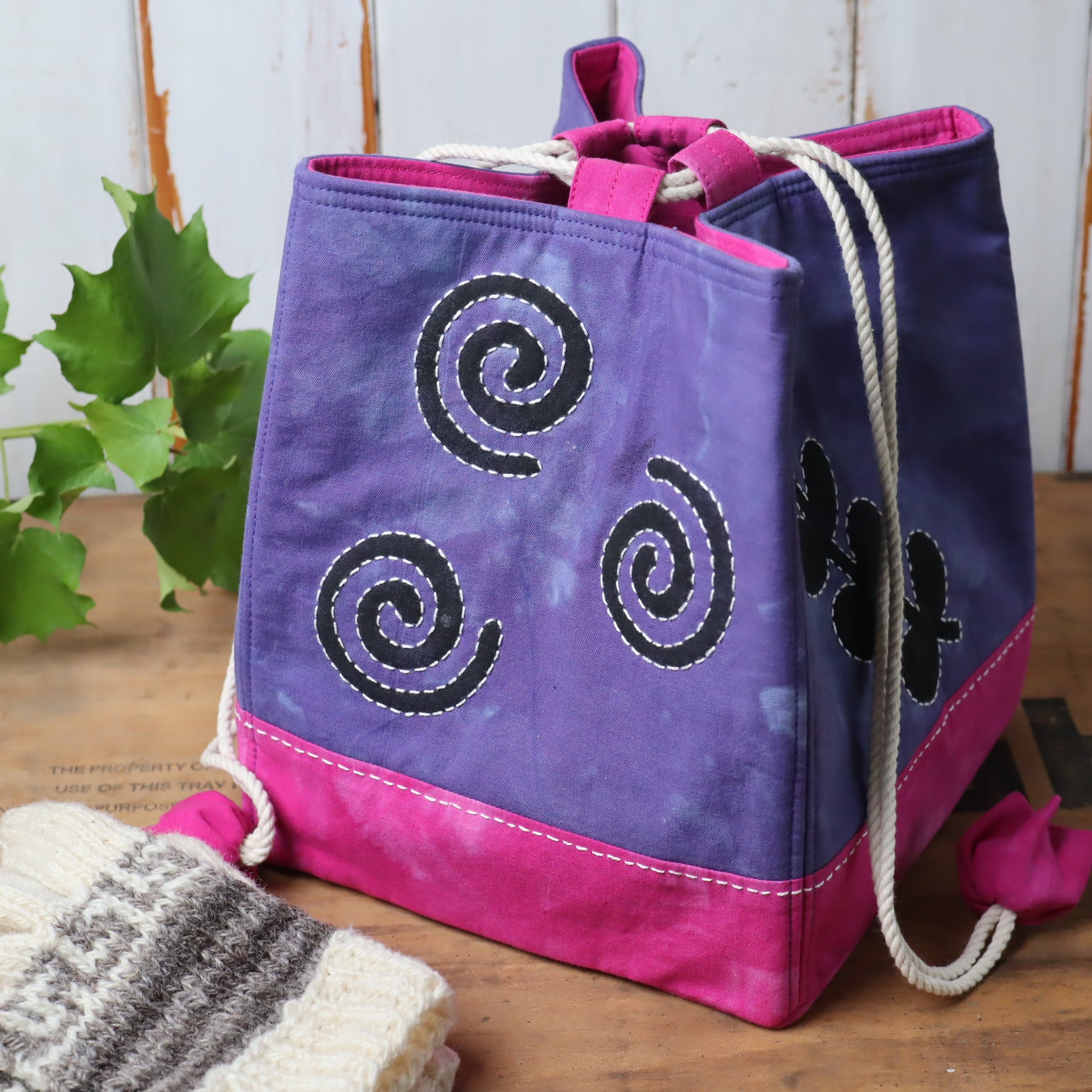 Large Hand Dyed Japanese Style Rice Bag, Komebukuro Bag, Navy and Fuchsia