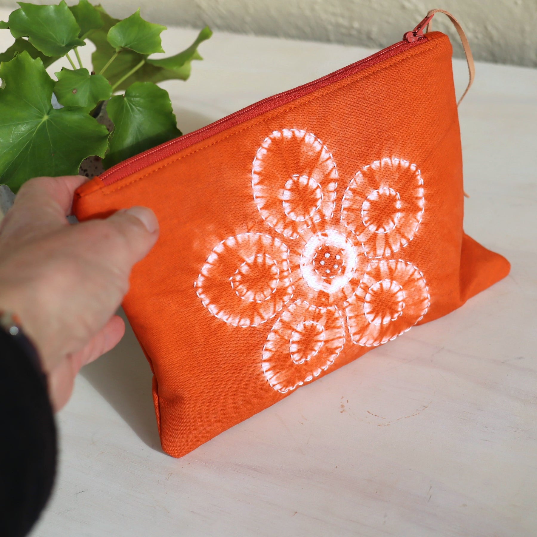 Shibori dyed small zipper pouch, ochre