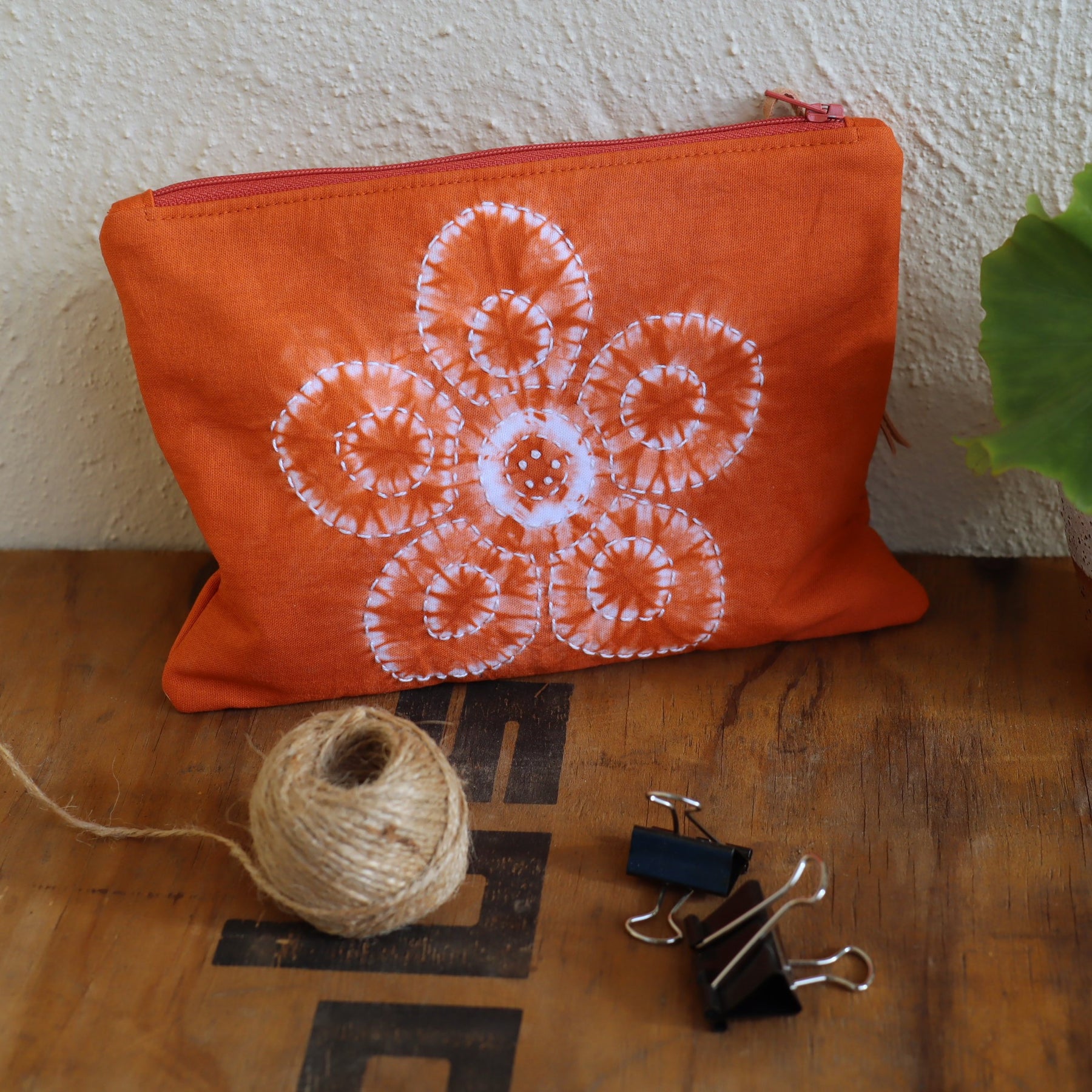 Shibori dyed small zipper pouch, ochre