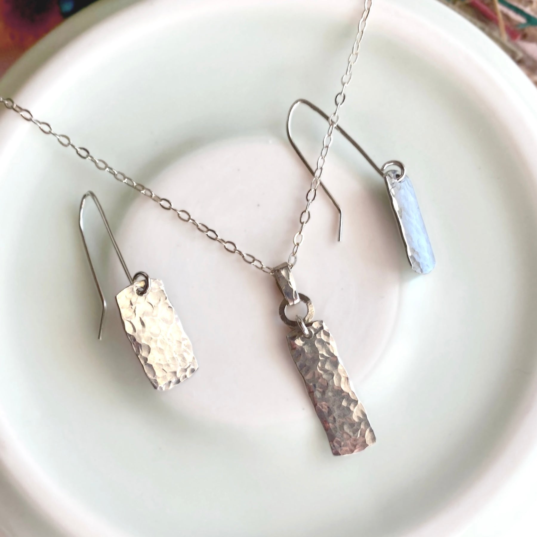 Dimpled rectangle dangle earrings | Sterling silver | Rain-drops | Matching necklace available