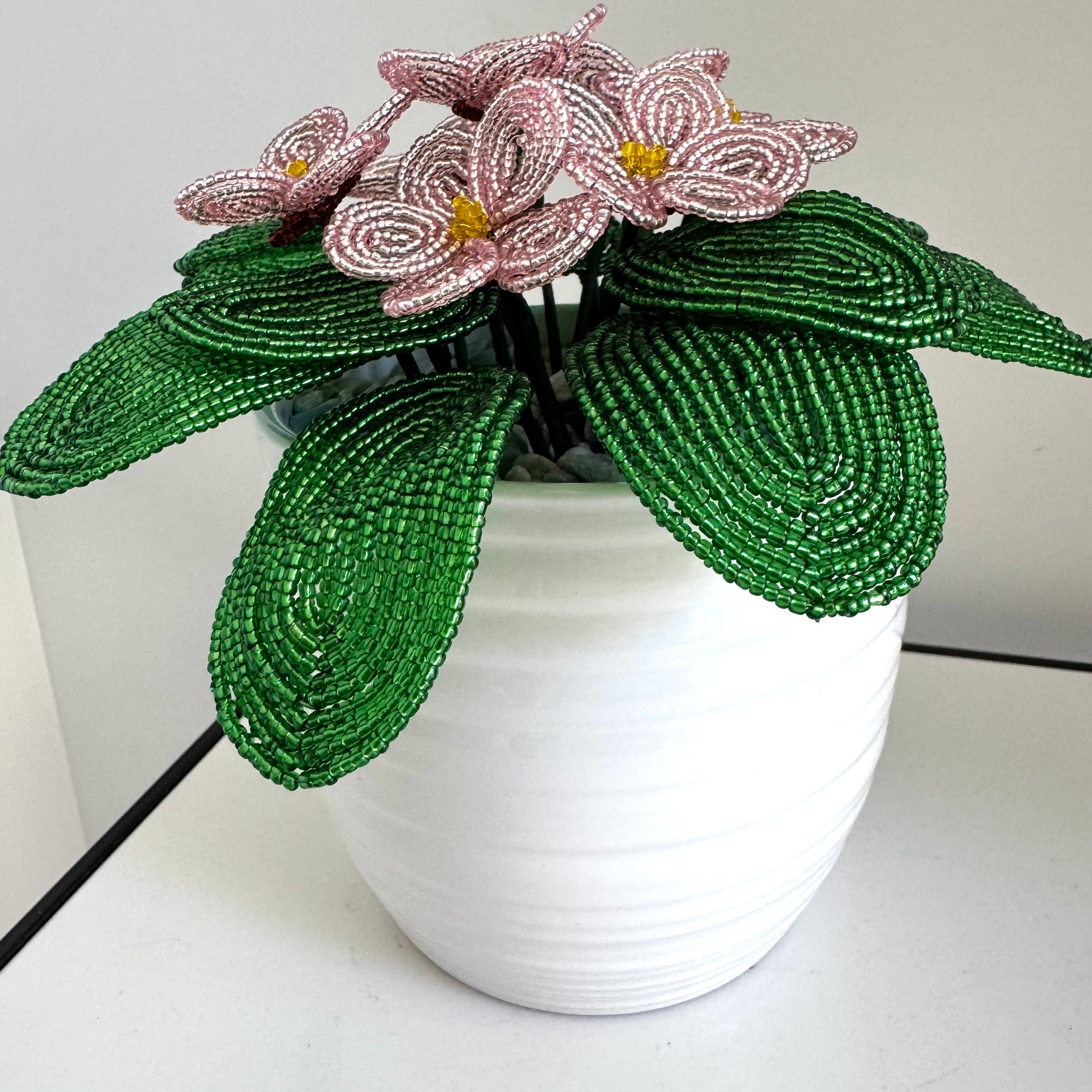 French-beaded potted pink African Violet