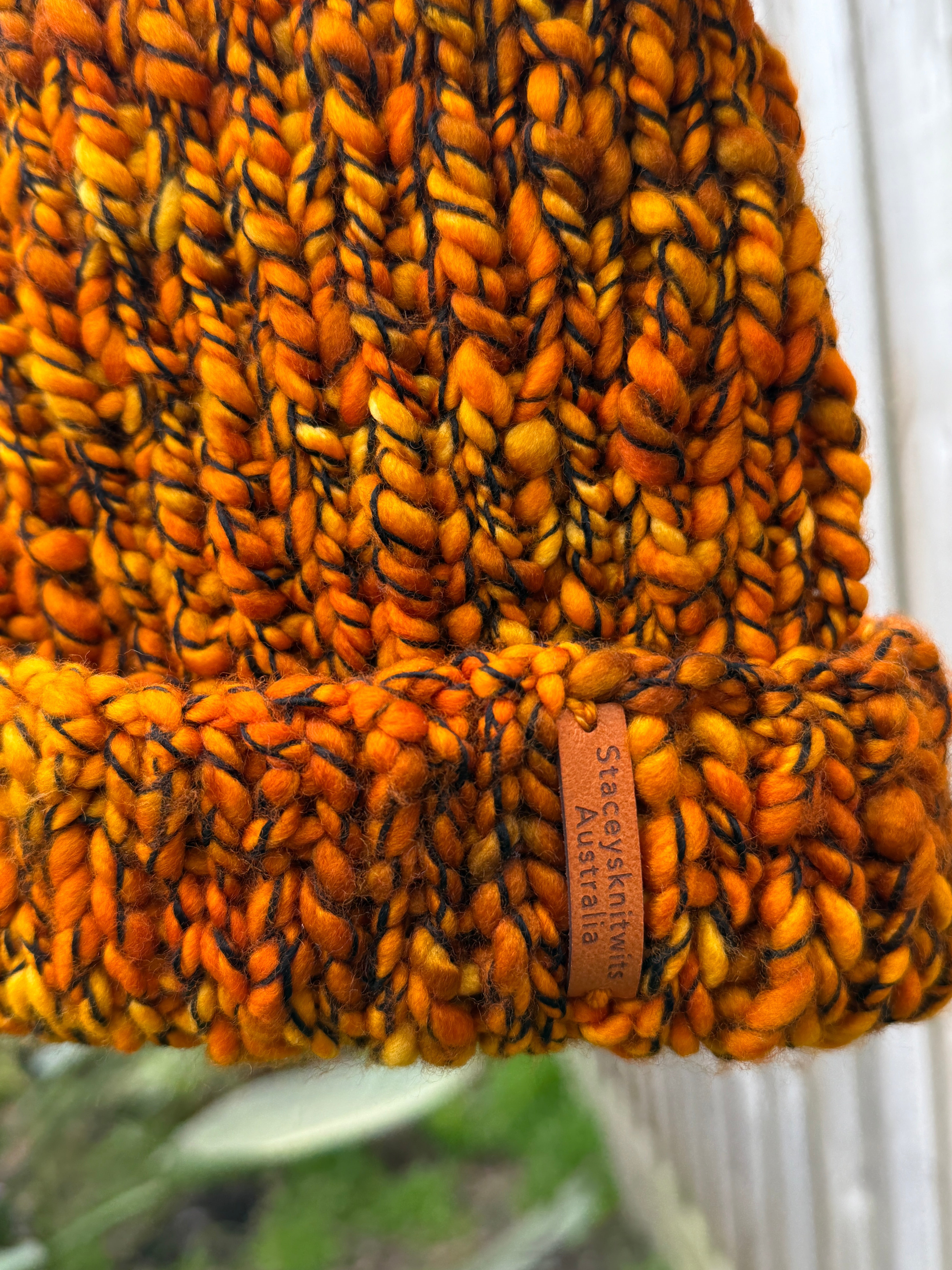 Mustard Orange Beanie, Merino PomPom Unisex Beanie
