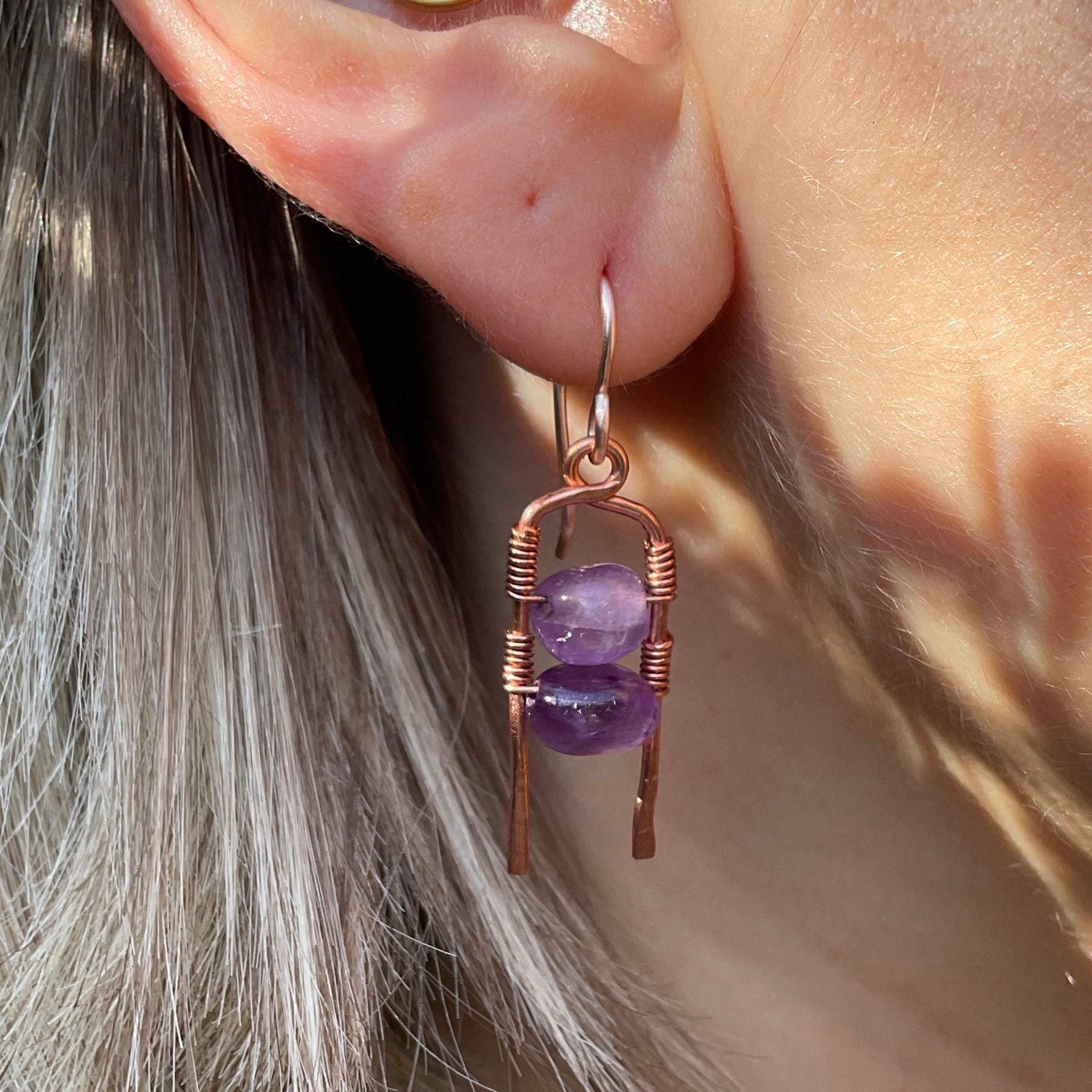 Amethyst and copper earrings. Handmade