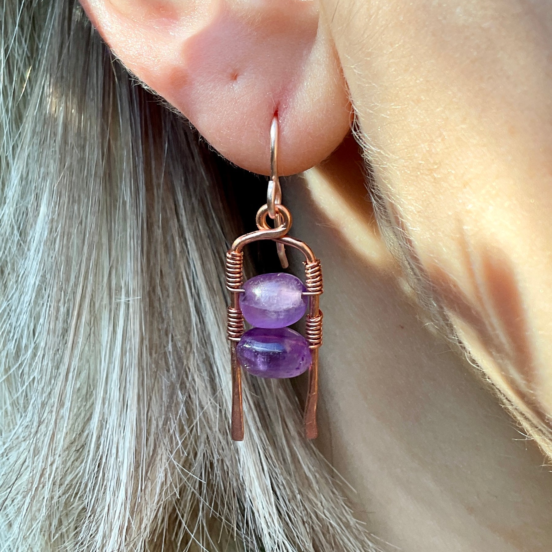 Amethyst and copper earrings. Handmade