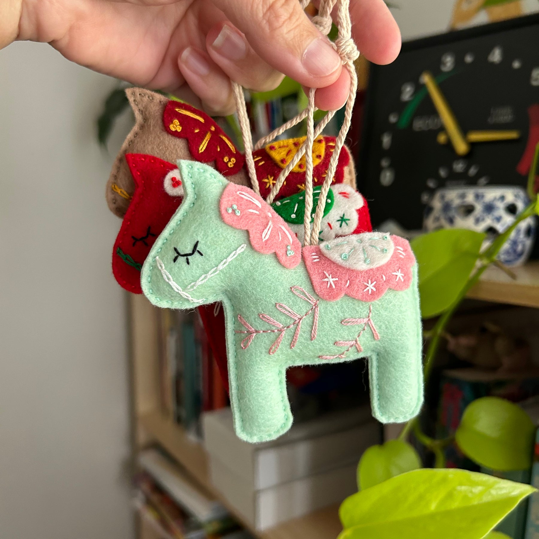 Scandinavian-inspired Dala horse ornament, hand embroidered for timeless holiday charm