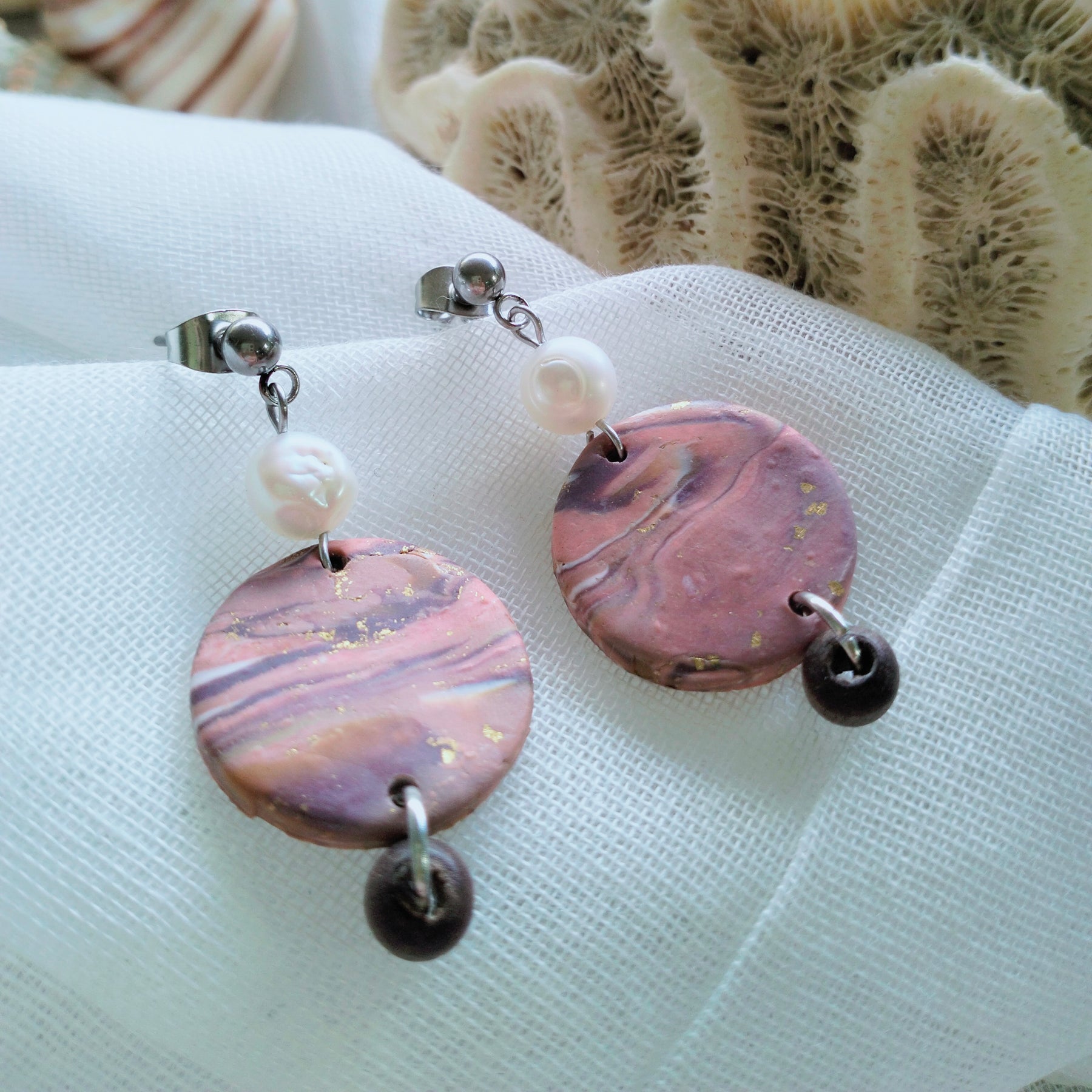 Polymer clay Earrings - "Pink Earth and Pearls" - boho dangle earrings