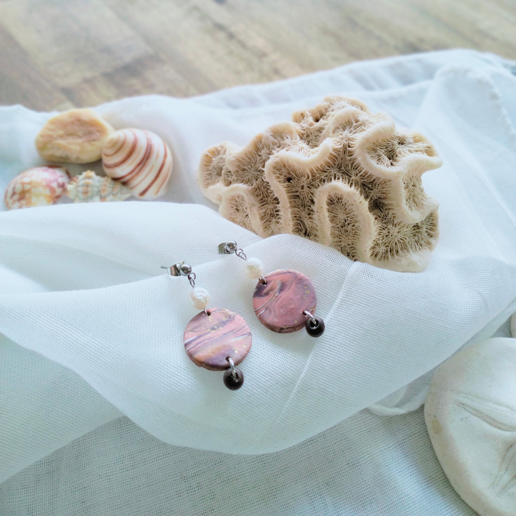 Polymer clay Earrings - "Pink Earth and Pearls" - boho dangle earrings