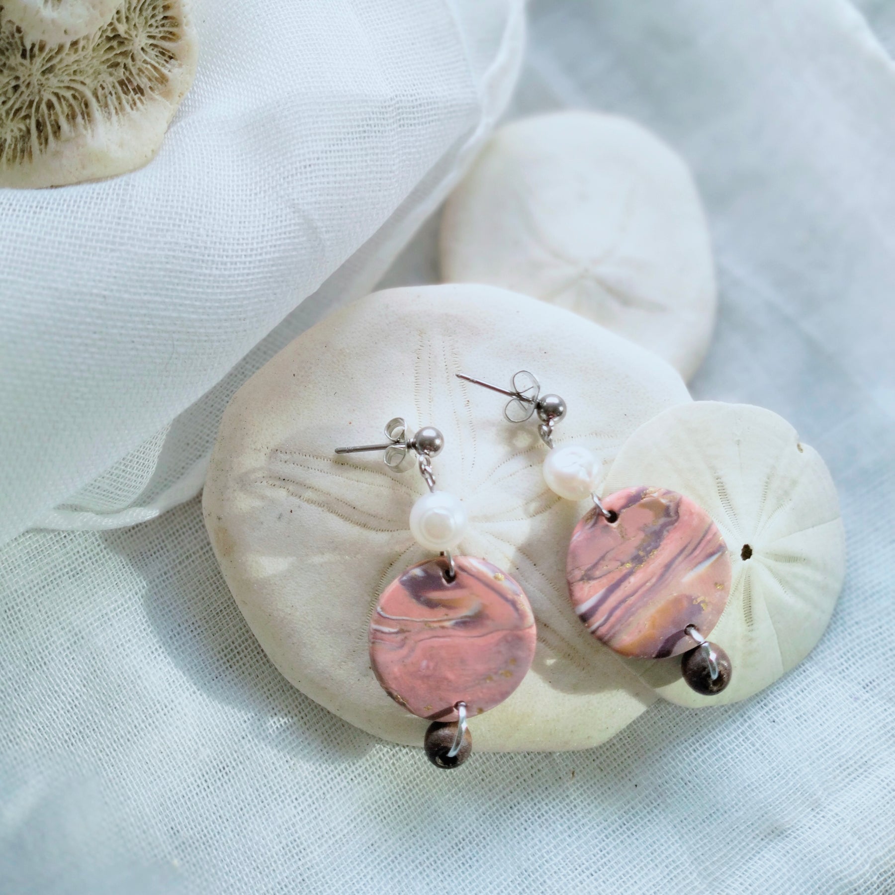 Polymer clay Earrings - "Pink Earth and Pearls" - boho dangle earrings