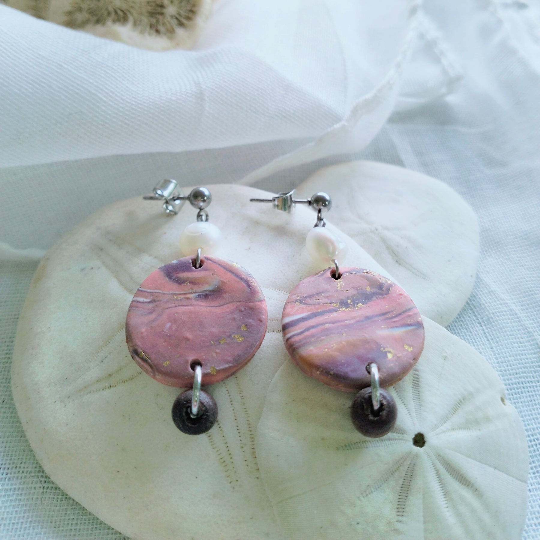 Polymer clay Earrings - "Pink Earth and Pearls" - boho dangle earrings