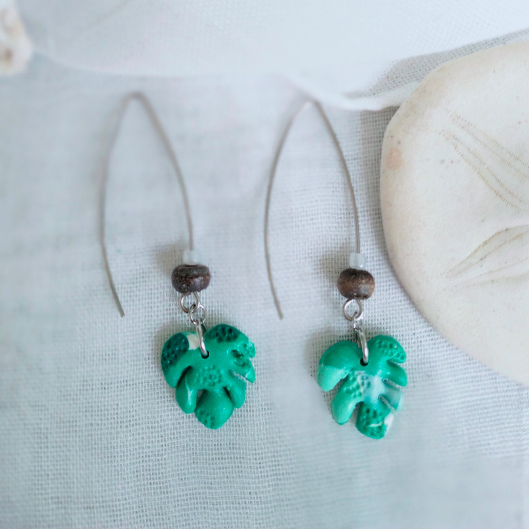 Earrings - "Monstera Sway" - Polymer Clay Monstera Leaf Dangle Earrings