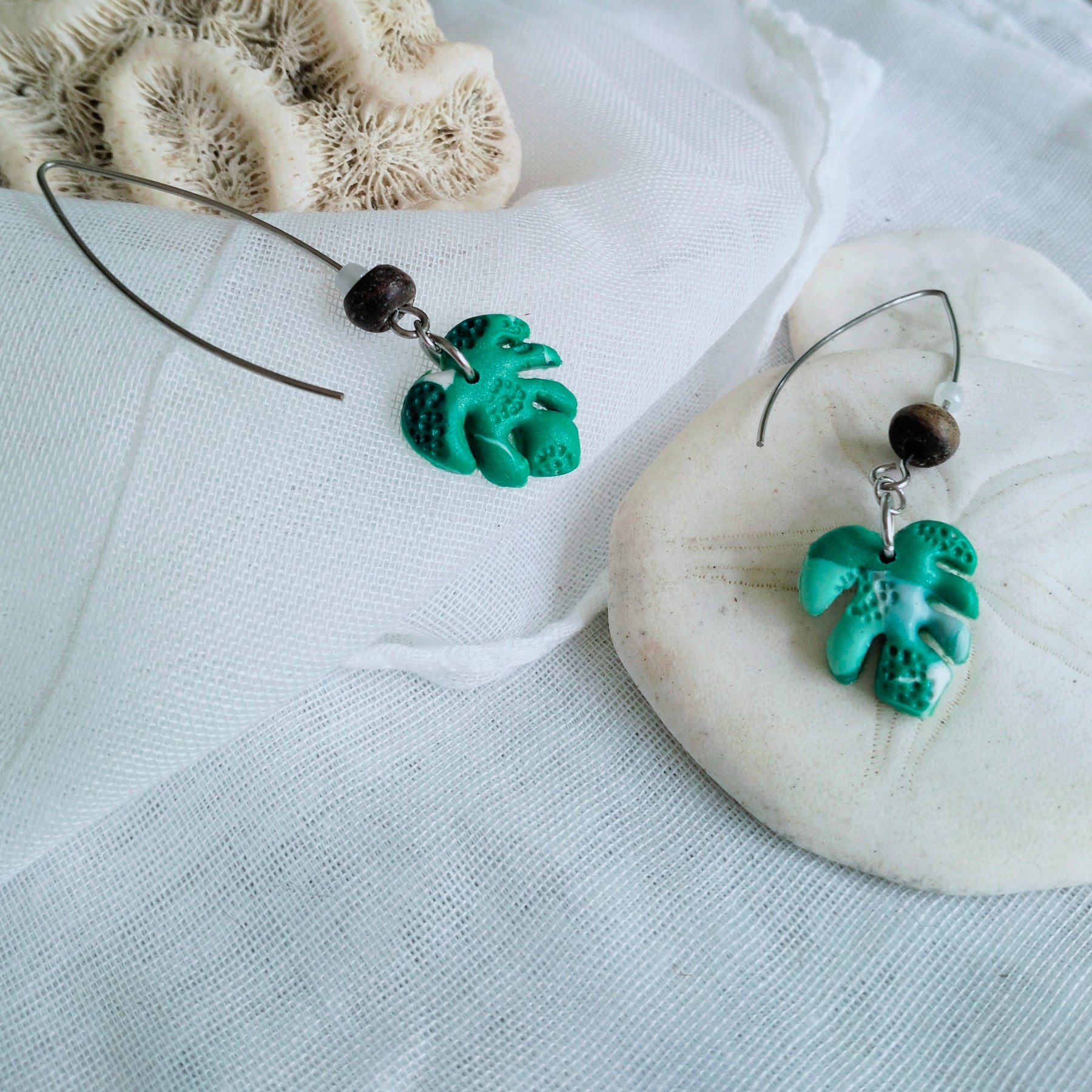Earrings - "Monstera Sway" - Polymer Clay Monstera Leaf Dangle Earrings