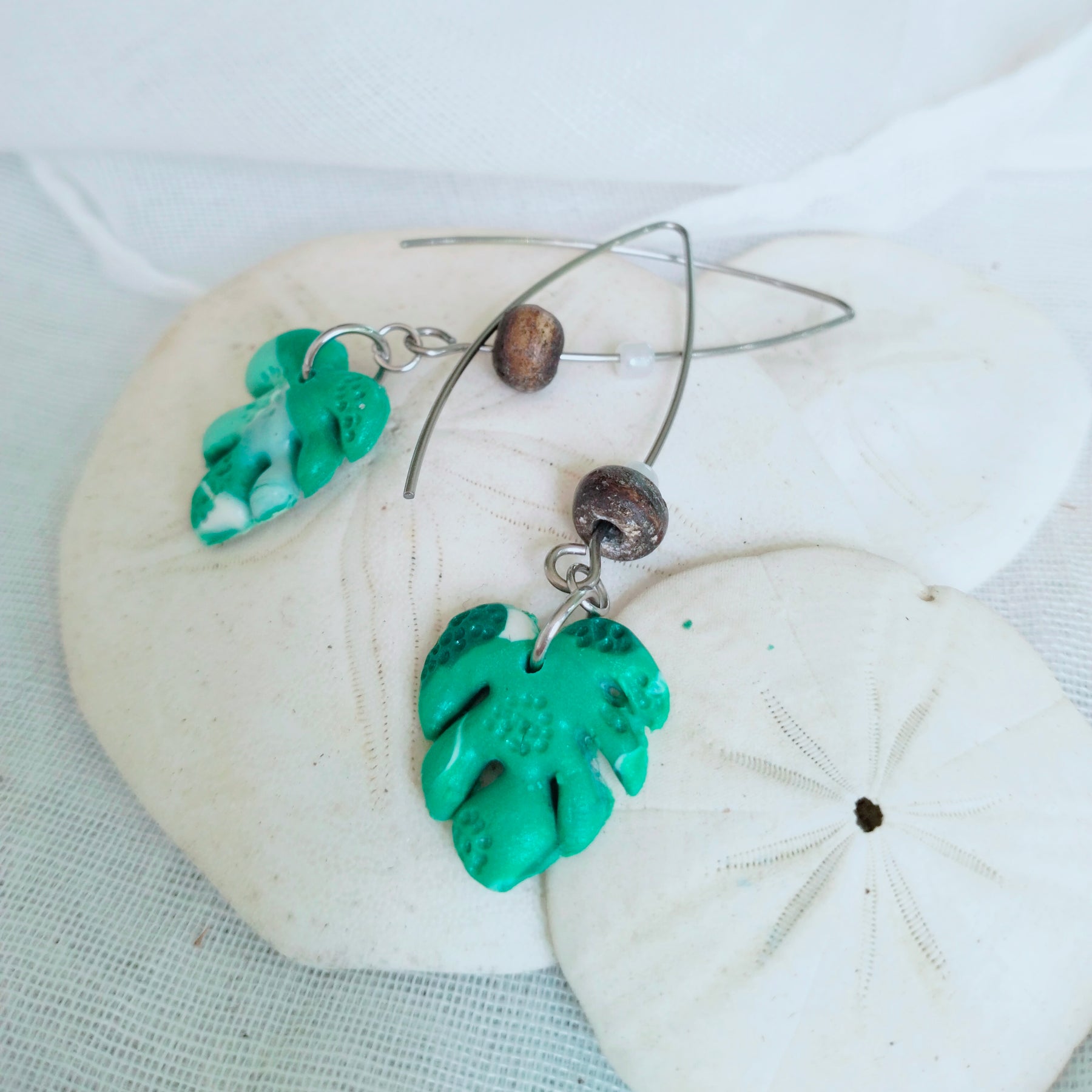 Earrings - "Monstera Sway" - Polymer Clay Monstera Leaf Dangle Earrings