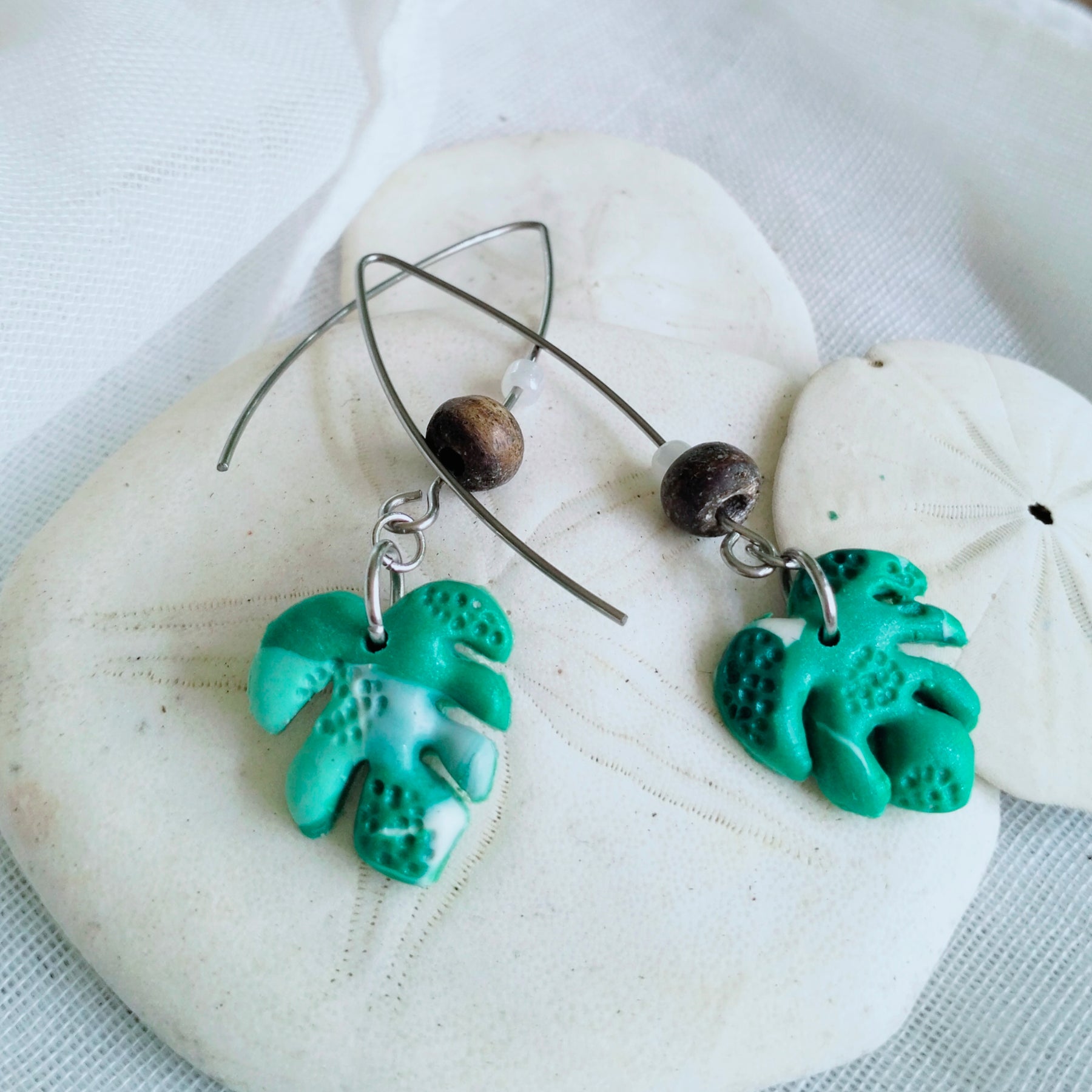 Earrings - "Monstera Sway" - Polymer Clay Monstera Leaf Dangle Earrings