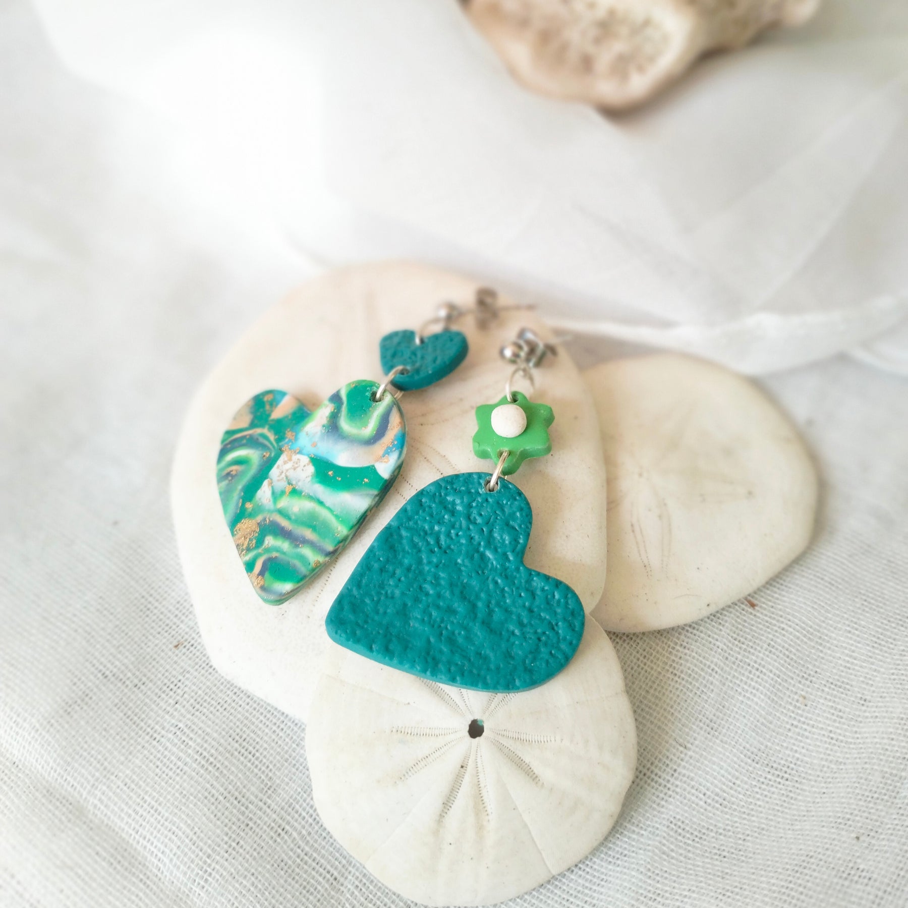 Earrings - Asymeterical Heart - Boho Artisanal Polymer Clay Dangles