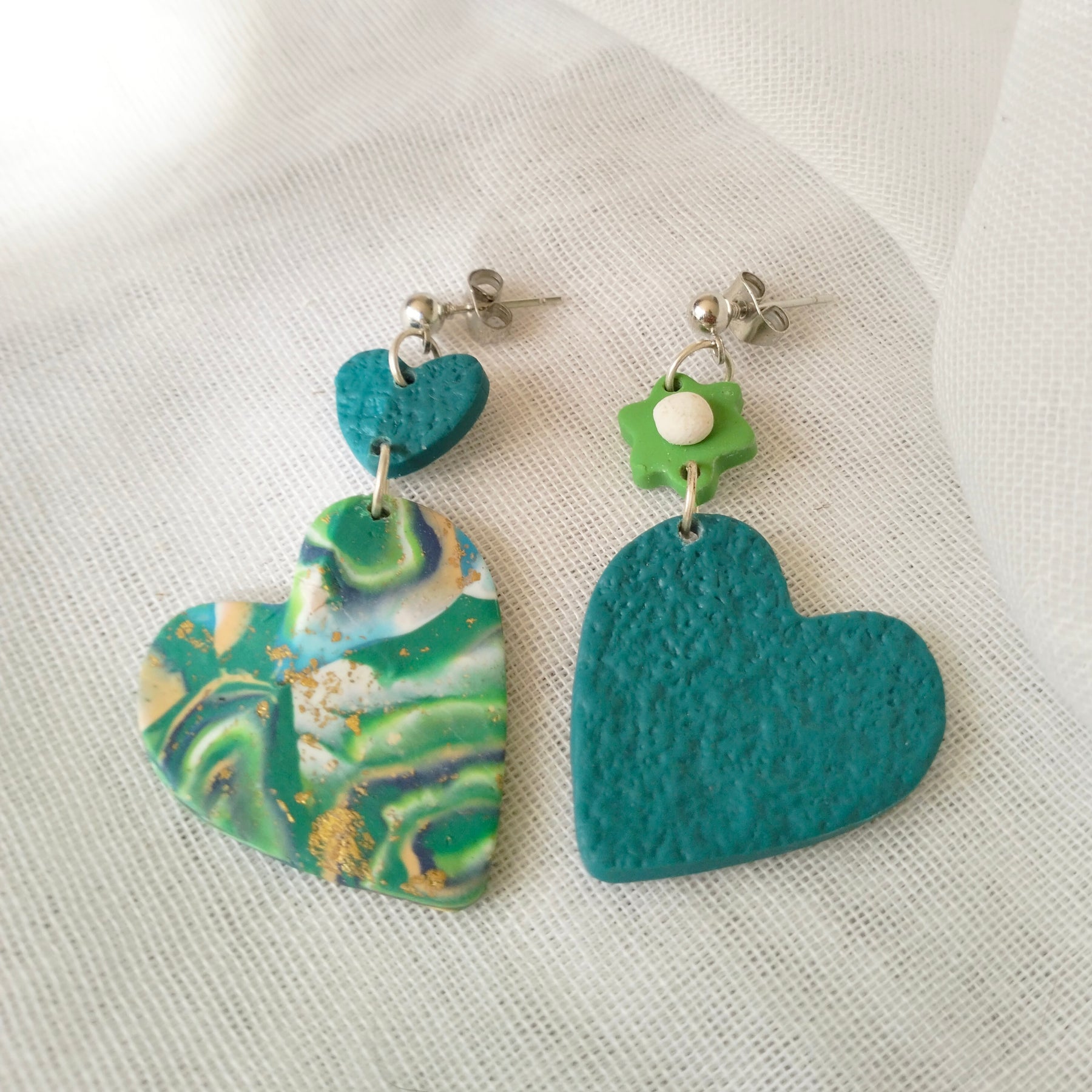 Earrings - Asymeterical Heart - Boho Artisanal Polymer Clay Dangles