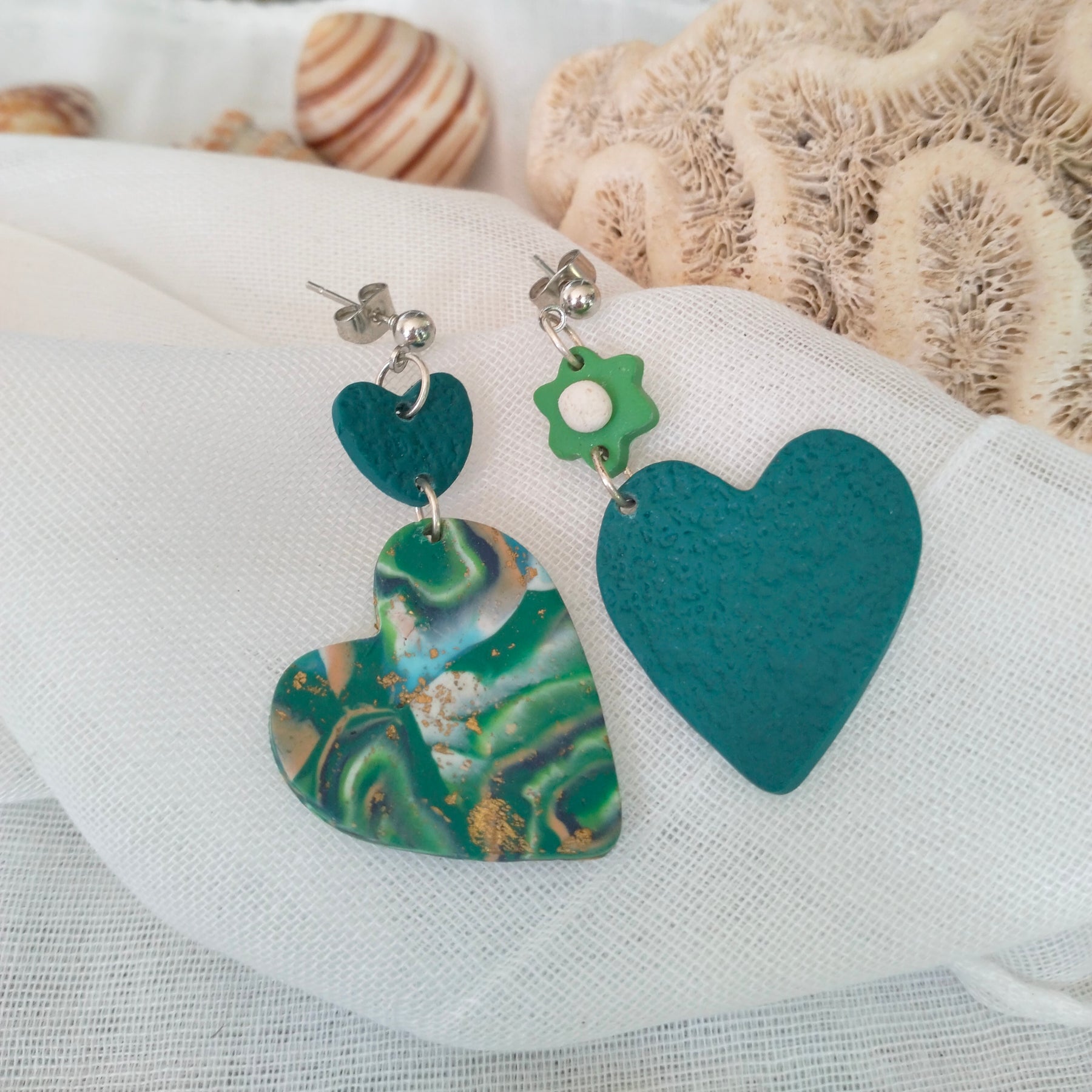 Earrings - Asymeterical Heart - Boho Artisanal Polymer Clay Dangles