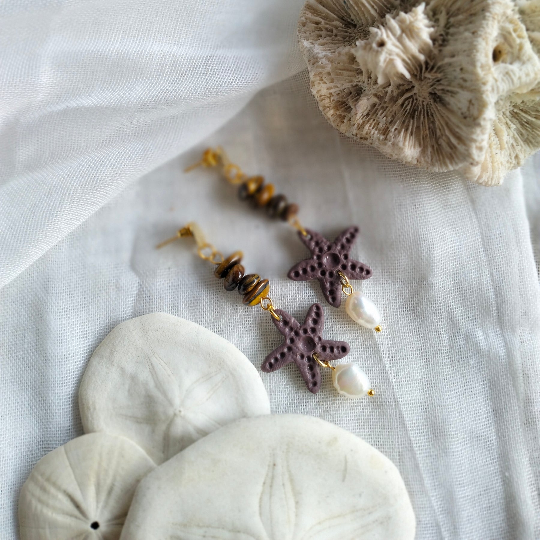 Earrings - Starfish, Fresh Water Pearls and Tiger Eye- Artful Dangles