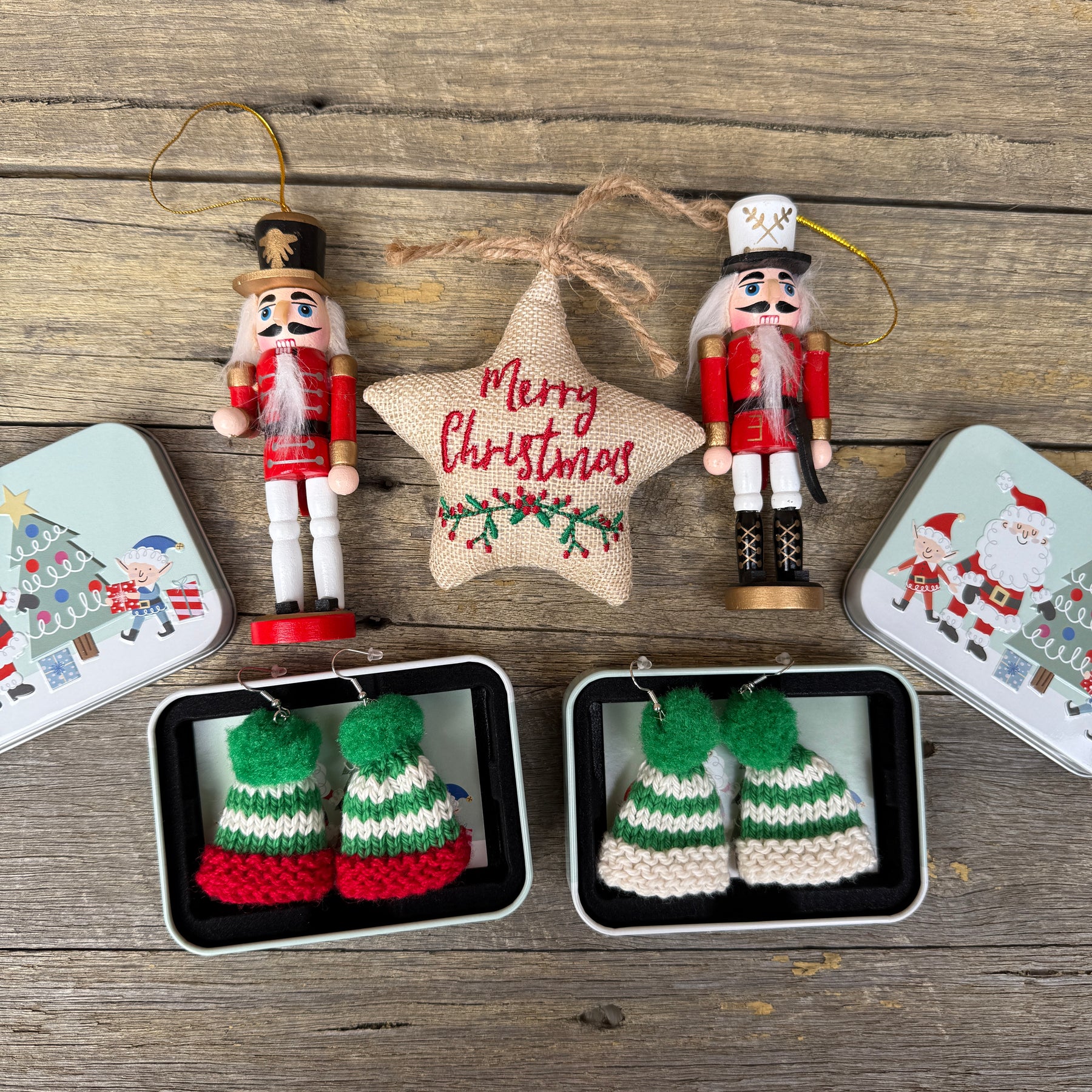 Christmas Beanie Earrings, Hand Knitted Mini Beanies