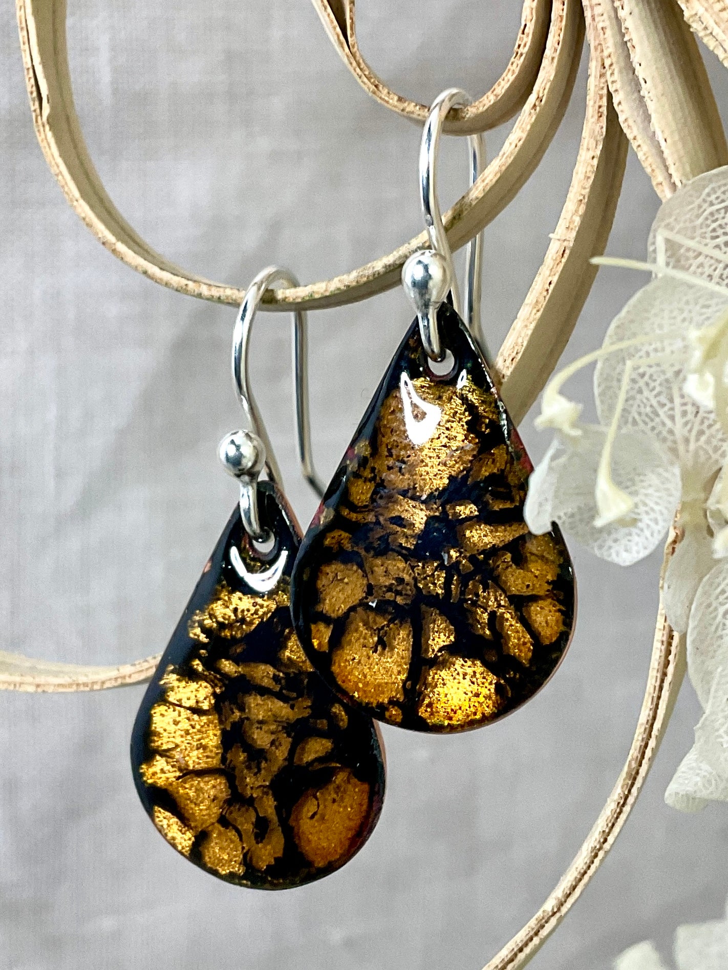 Gold teardrop enamel earrings