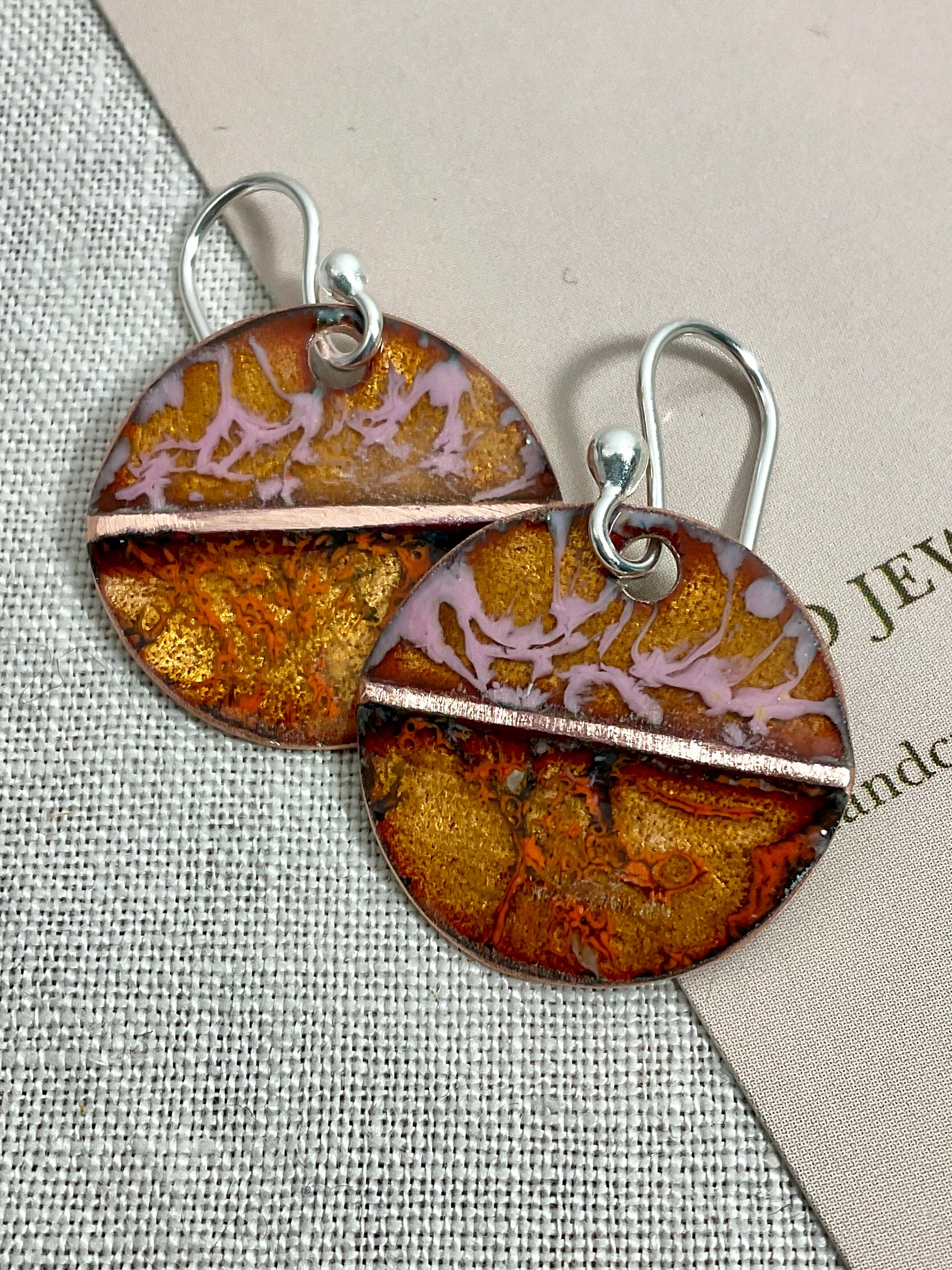Gold, Pink and Orange enamel earrings. Handmade