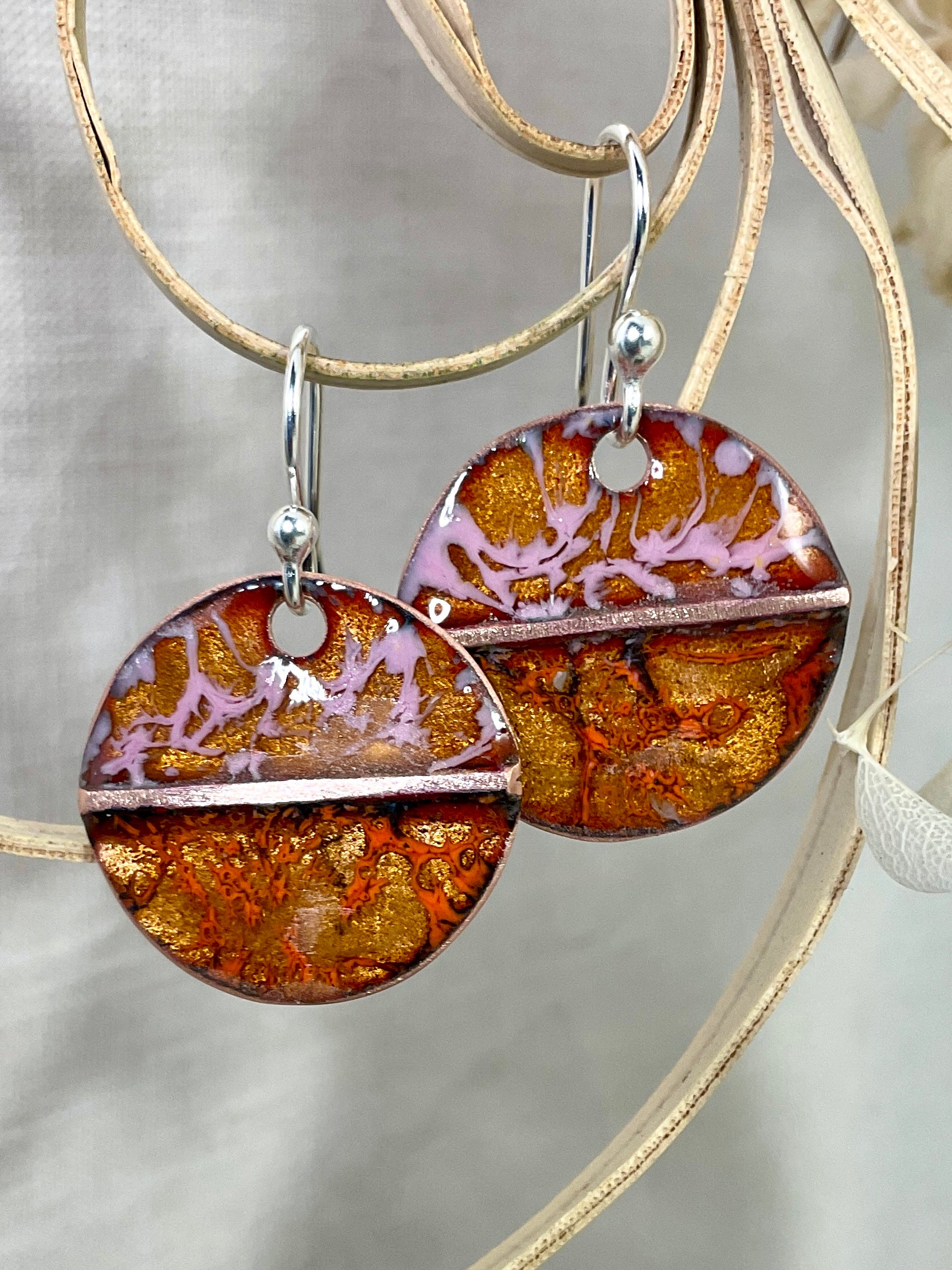 Gold, Pink and Orange enamel earrings. Handmade