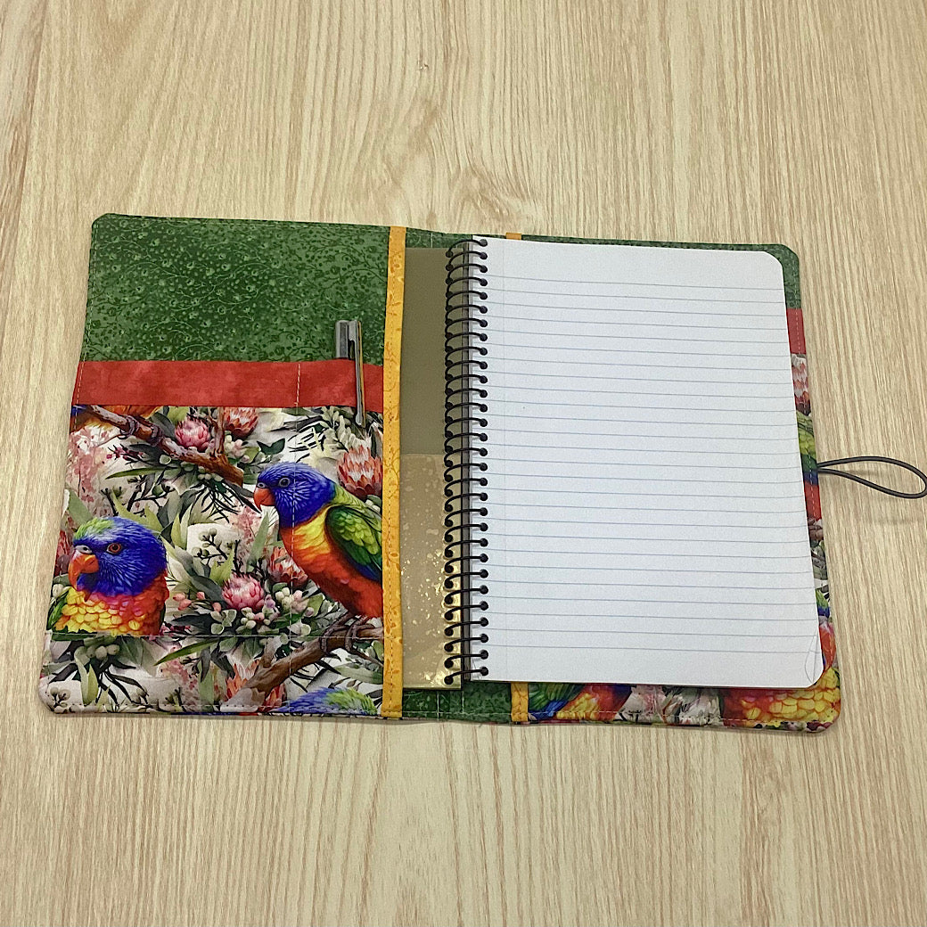 Australian birds parrots refillable A5 fabric notebook cover gift set - Incl. book and pen.