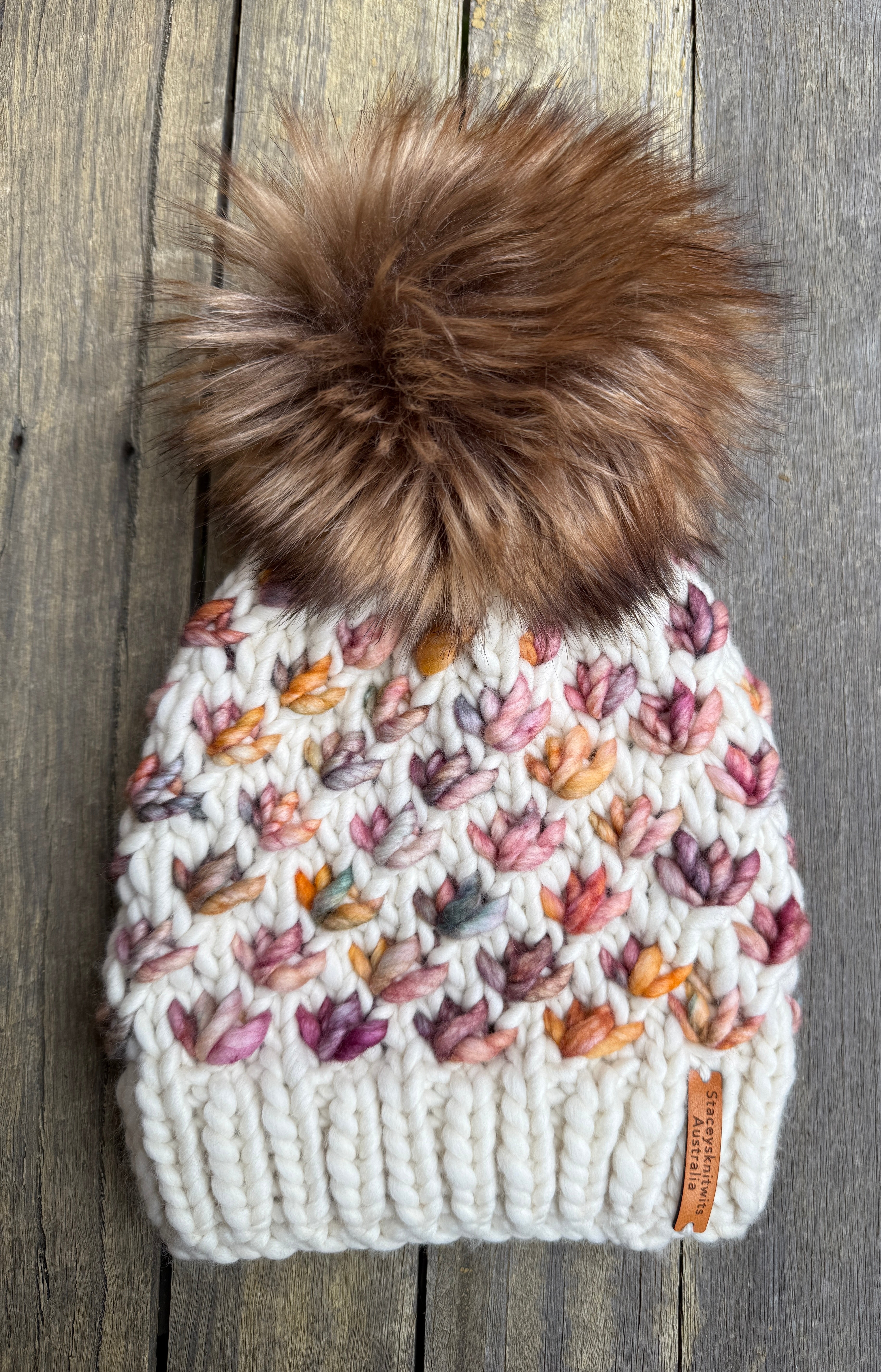 Hand knitted luxurious merino beanie, ladies cream beanie with pompom