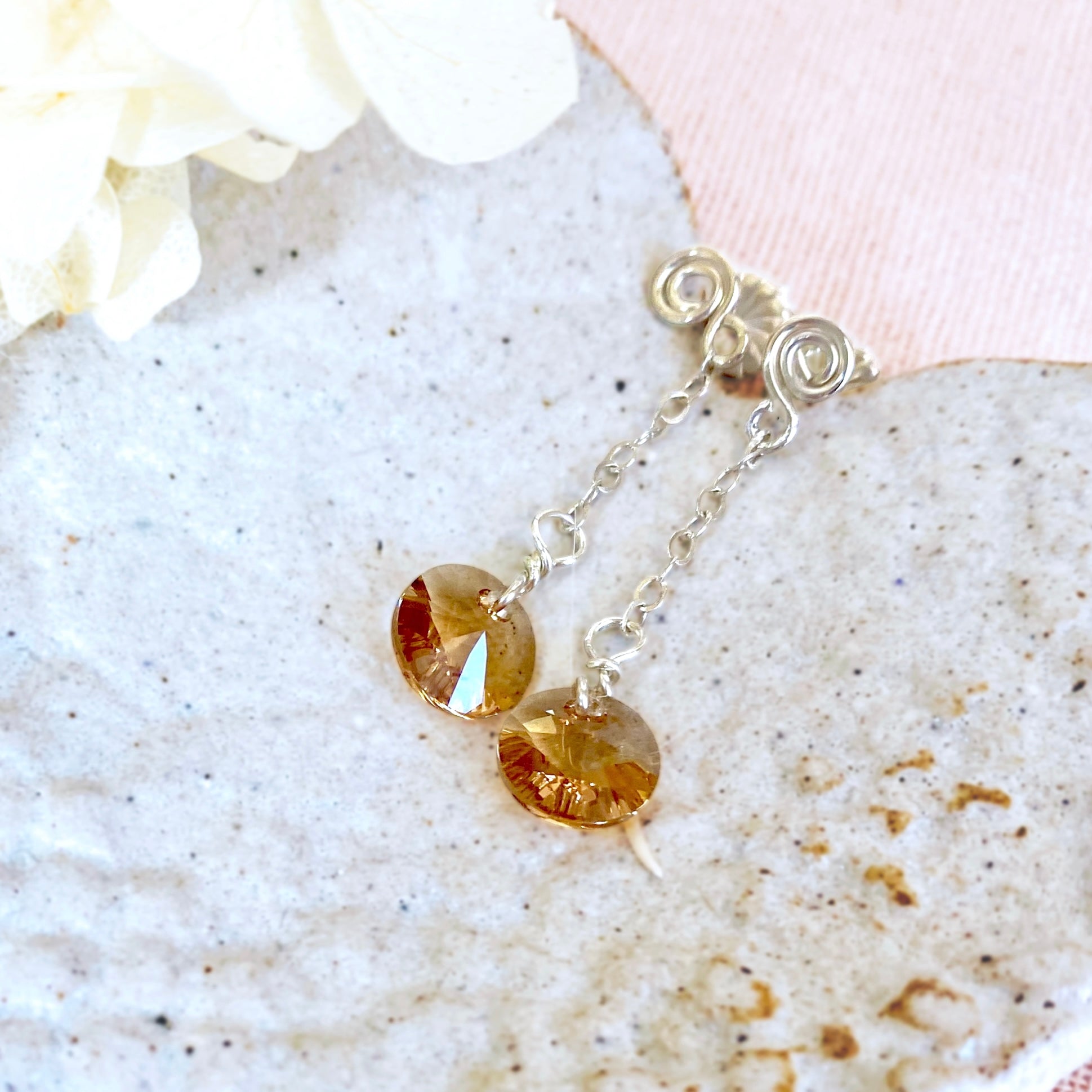 Topaz crystal dangle earrings | Sterling silver | Stud with chain | November birthstone gift