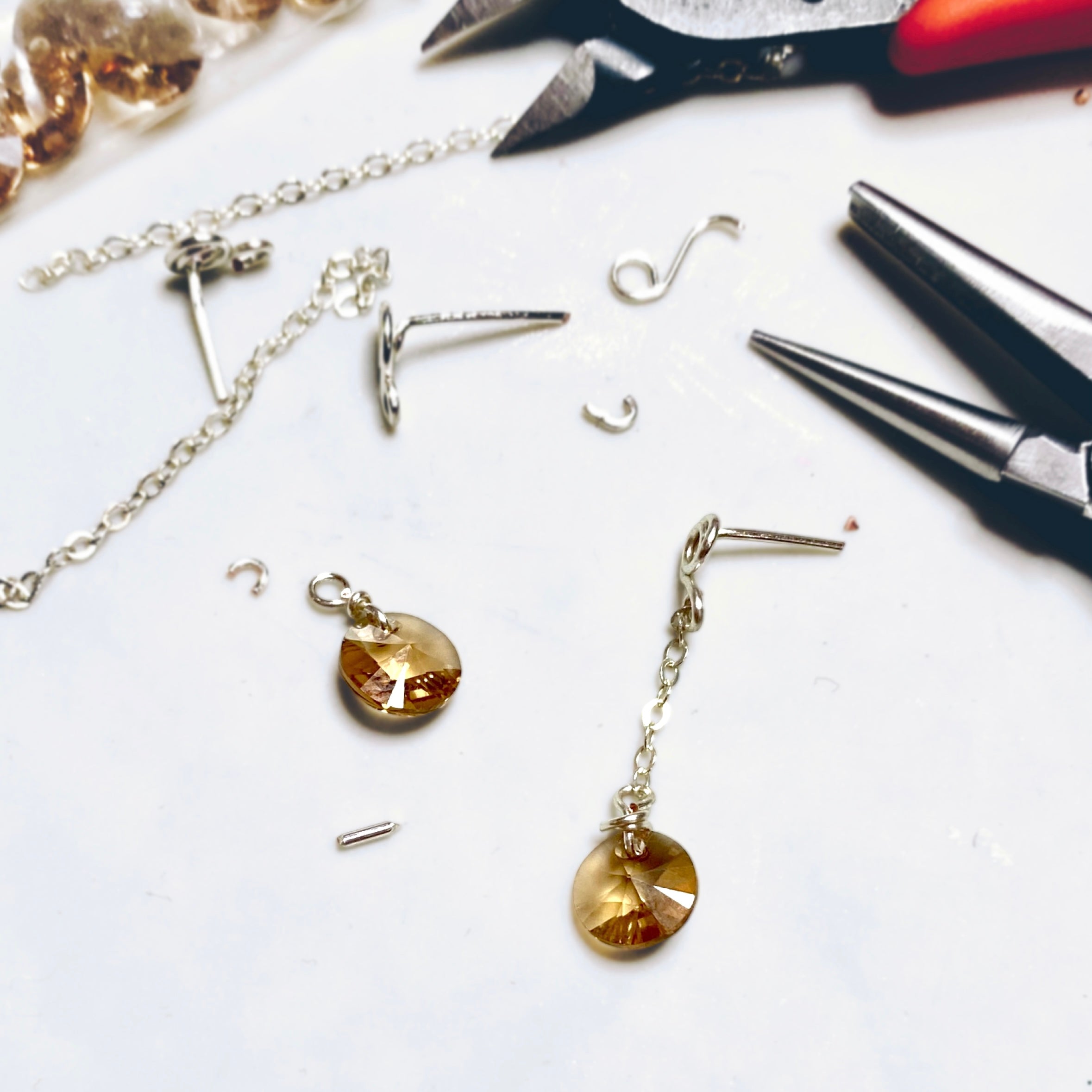 Light Rose crystal dangle earrings | Sterling silver | Stud with chain | Libra birthstone gift