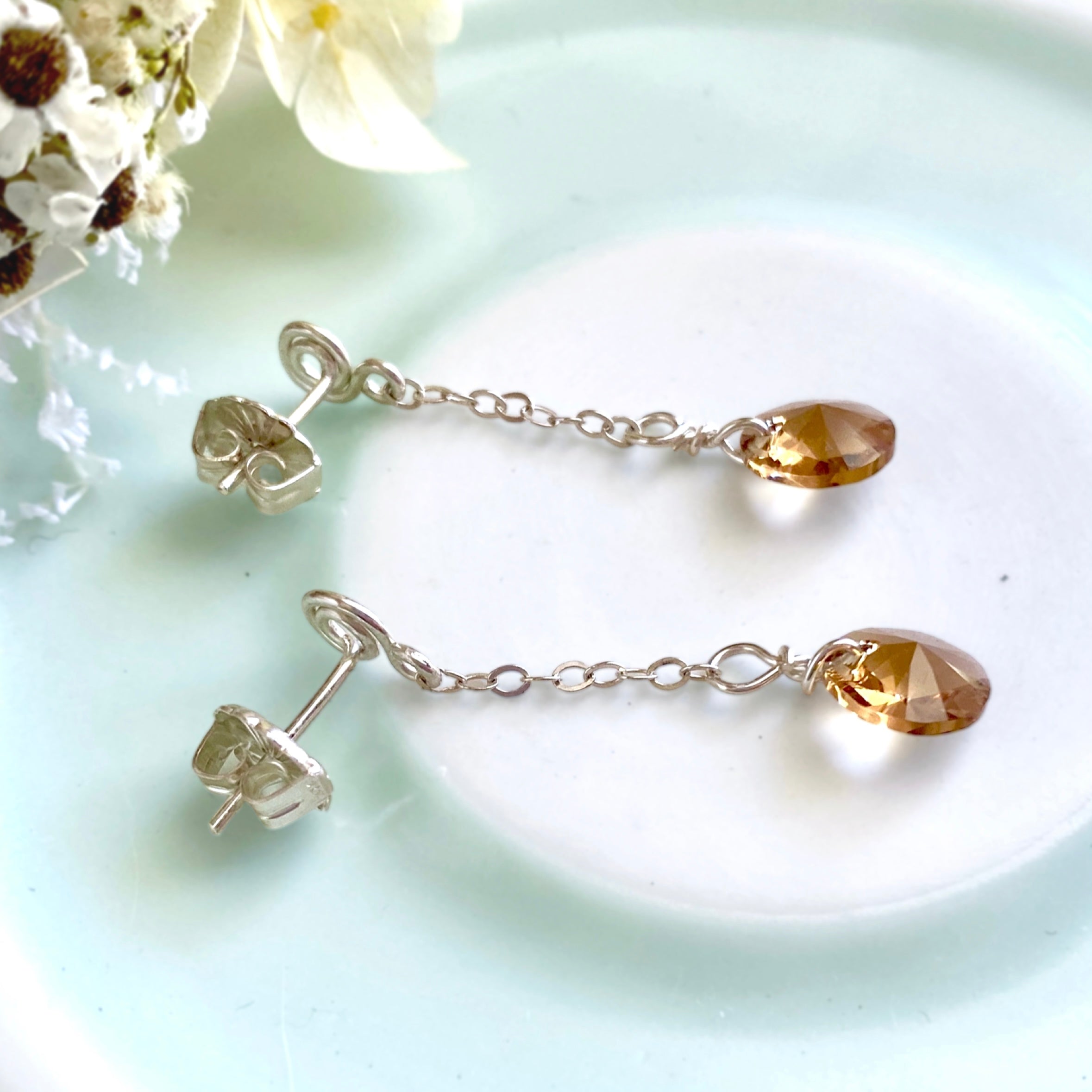 Topaz crystal dangle earrings | Sterling silver | Stud with chain | November birthstone gift