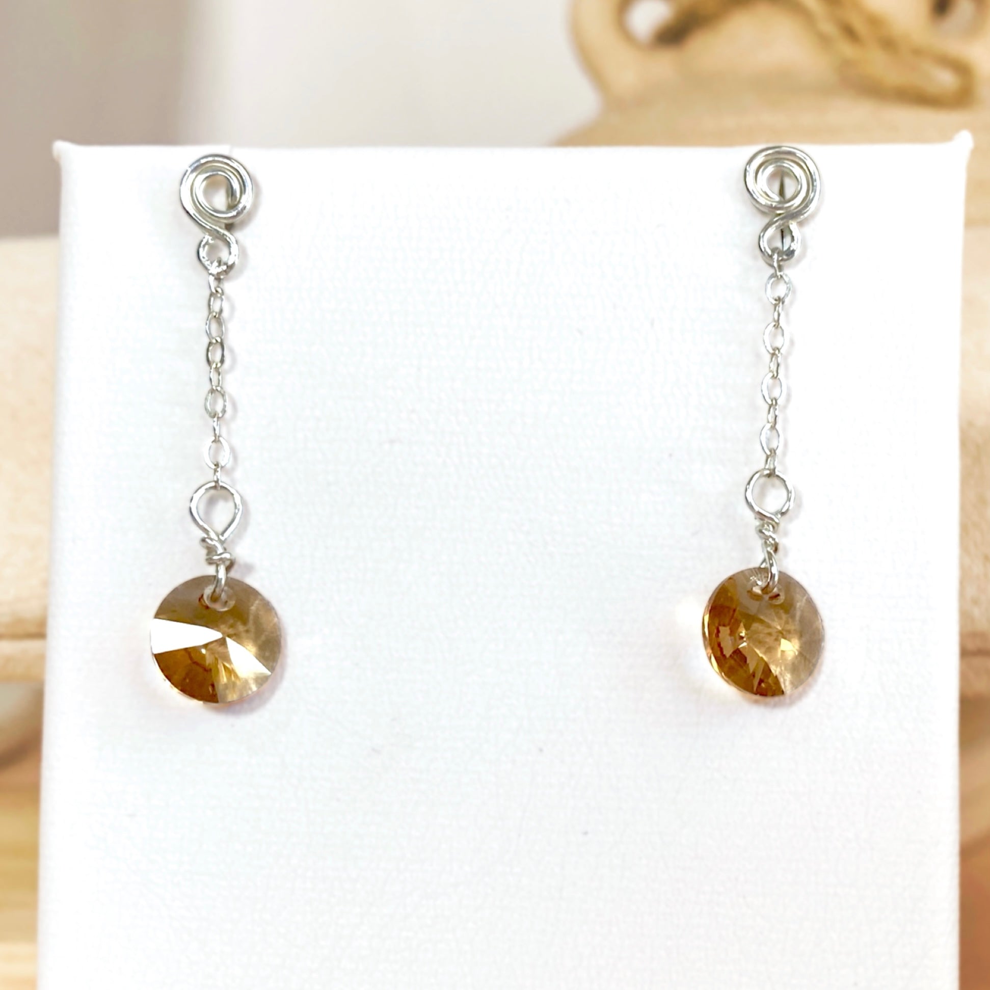 Topaz crystal dangle earrings | Sterling silver | Stud with chain | November birthstone gift