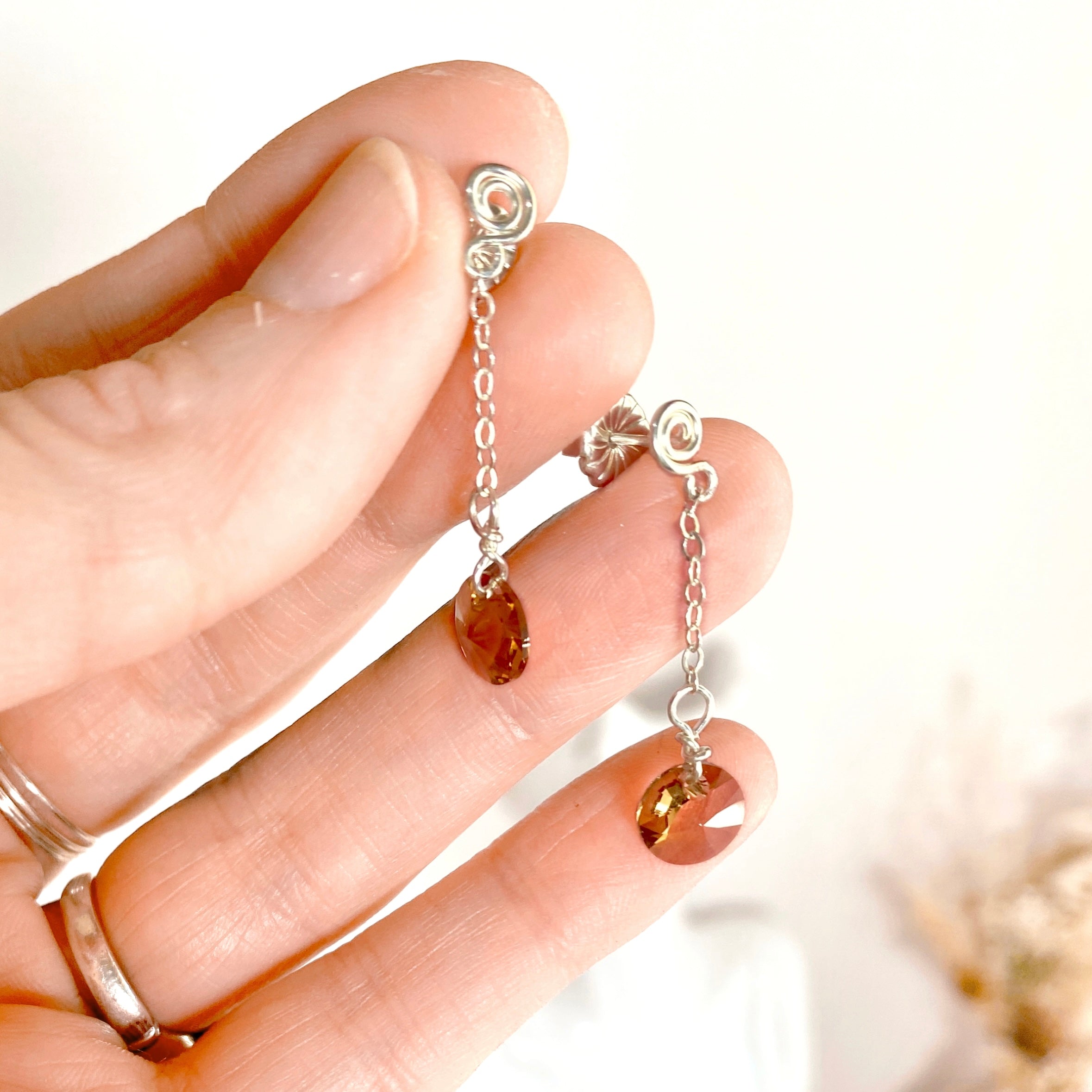 Topaz crystal dangle earrings | Sterling silver | Stud with chain | November birthstone gift