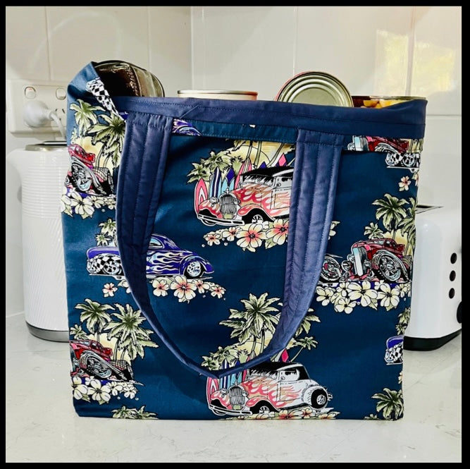 Grocery Tote .. Hot Rods ... Lined with storage bag