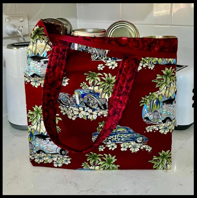 Grocery Tote .. Hot Rods ... Lined with storage bag