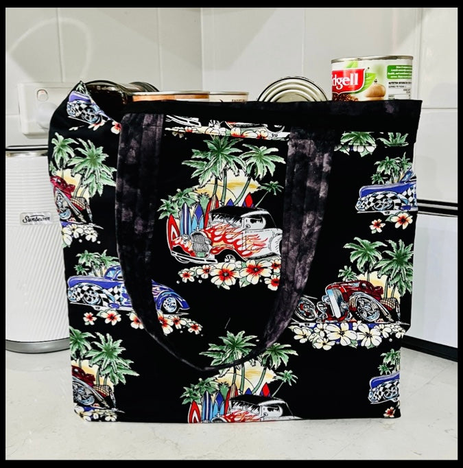 Grocery Tote .. Hot Rods ... Lined with storage bag